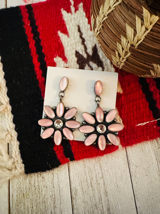 Handcrafted Mother of Pearl, CZ & Sterling Silver Dangle Earrings