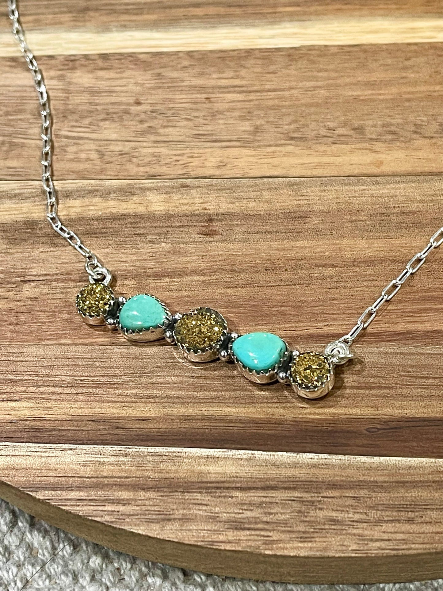 Beautiful Handmade Sterling Silver , Turquoise & Druzy Bar Necklace