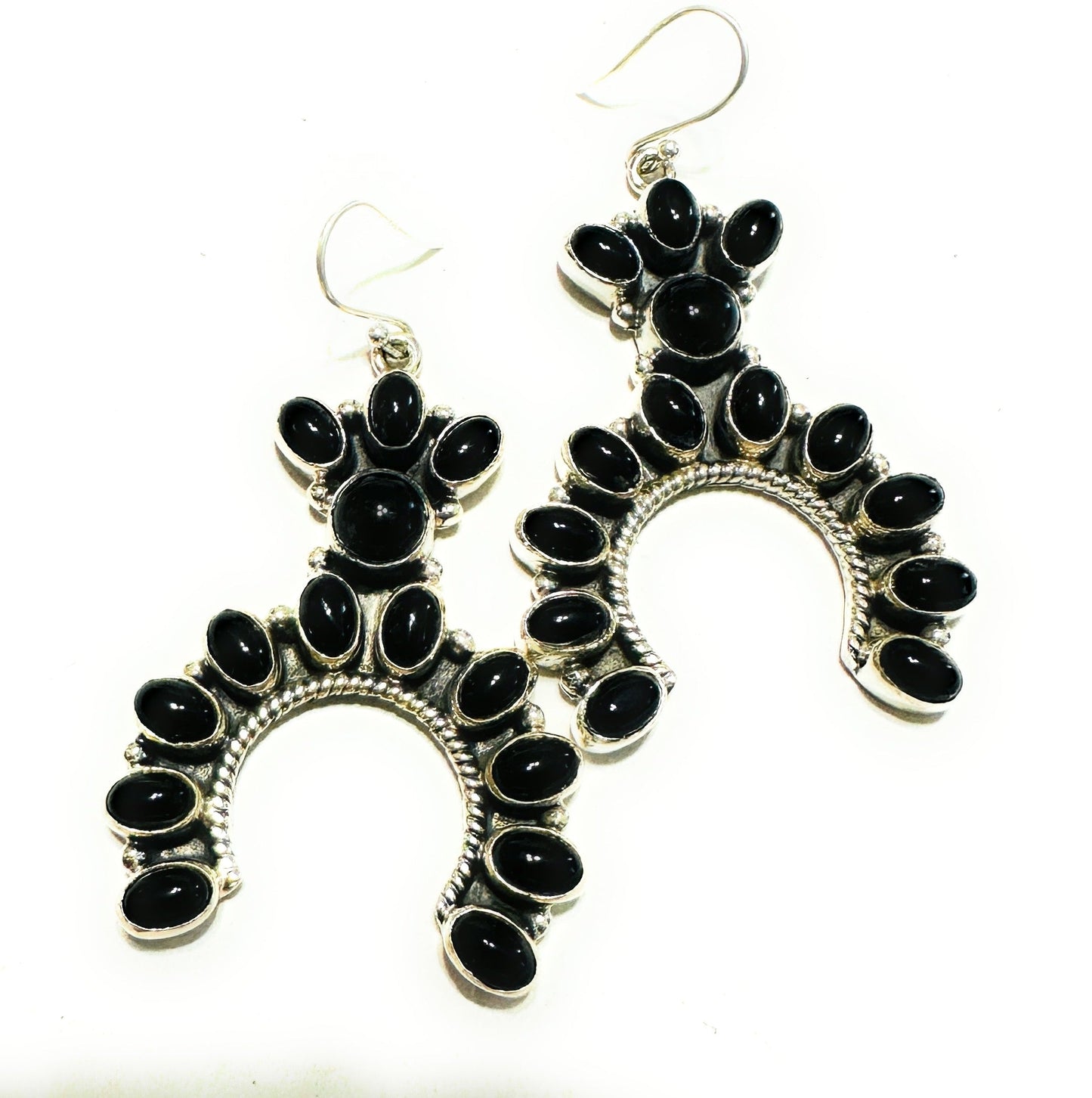 Handmade Onyx & Sterling Silver Naja Style Dangle Earrings Signed Nizhoni