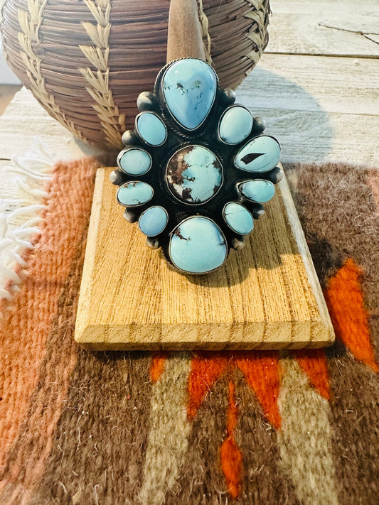 Handcrafted Golden Hills Turquoise & Sterling Silver Cluster Ring Size 8