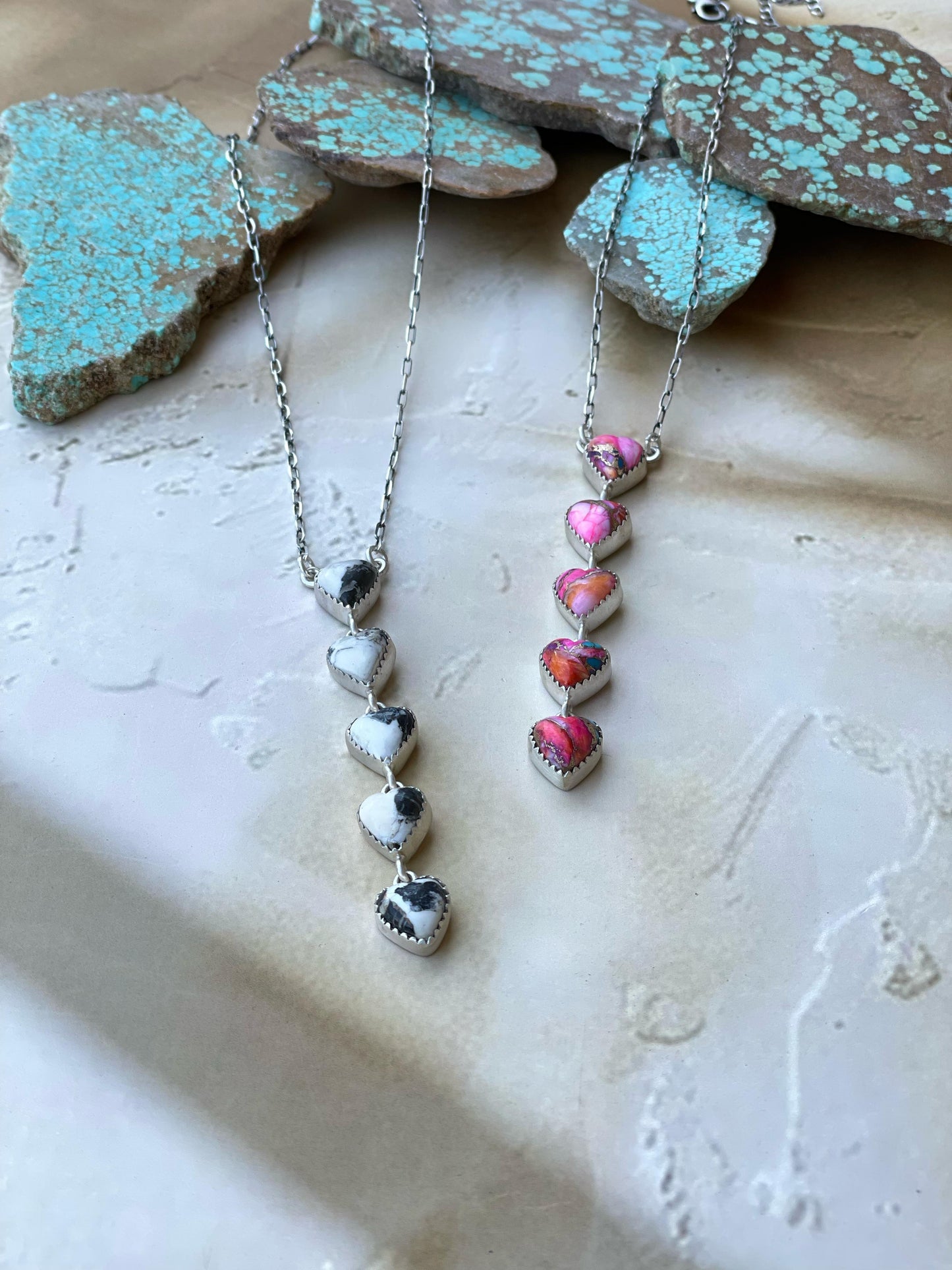 Handmade Sterling Silver & Pink Dream Mojave OR White Buffalo Drop 5 Stone Necklace