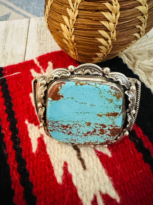 Vintage Old Pawn Handcrafted Sterling Silver & Number 8 Turquoise Cuff Bracelet