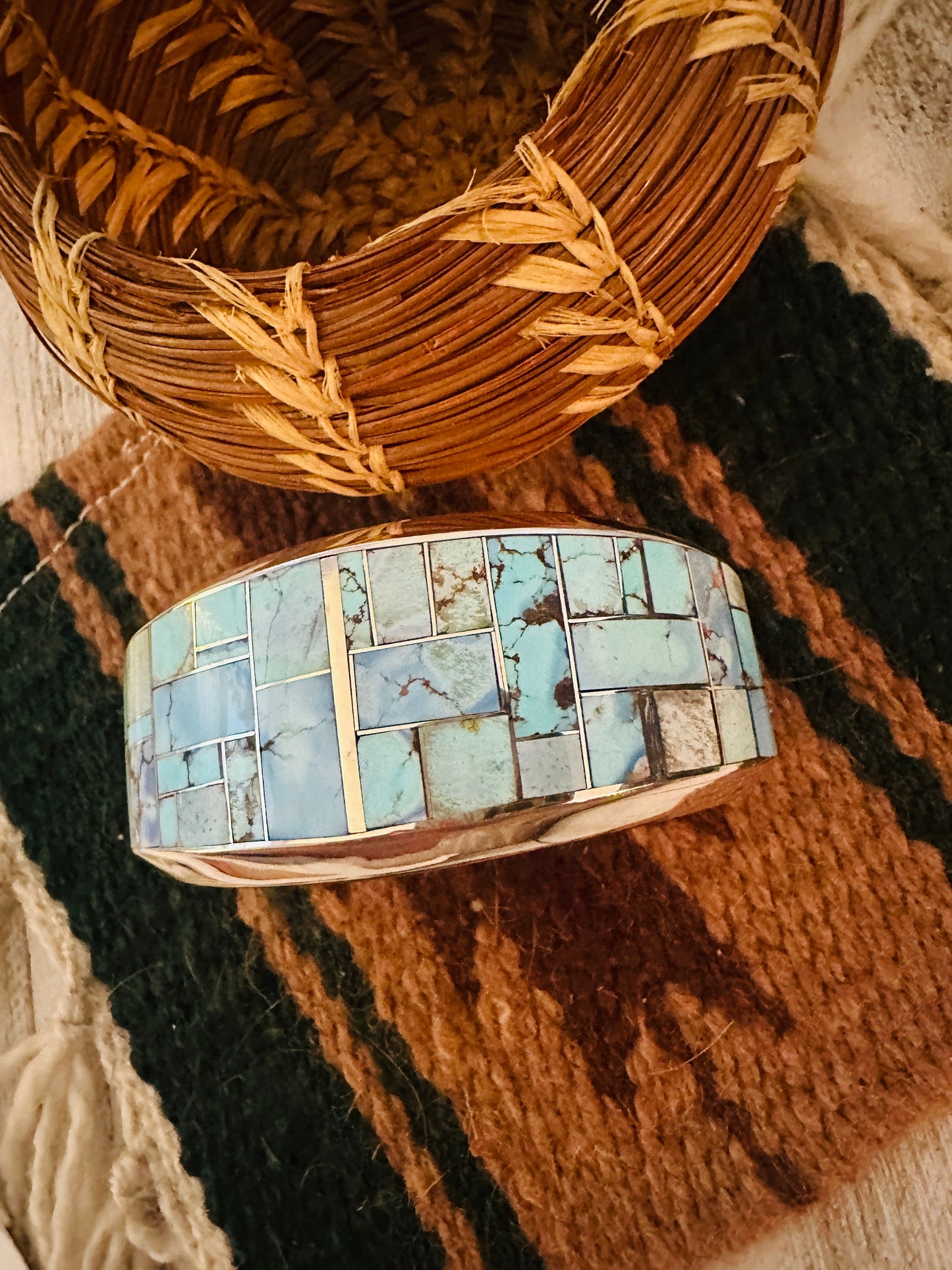 Handcrafted Sterling Silver & Golden Hills Turquoise Inlay Cuff Bracelet /