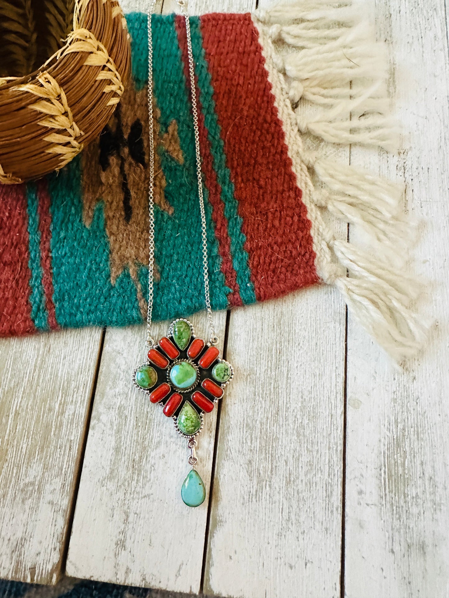 ** Christmas Collection ** Handmade Sterling Silver, Turquoise & Coral Necklace Signed Nizhoni