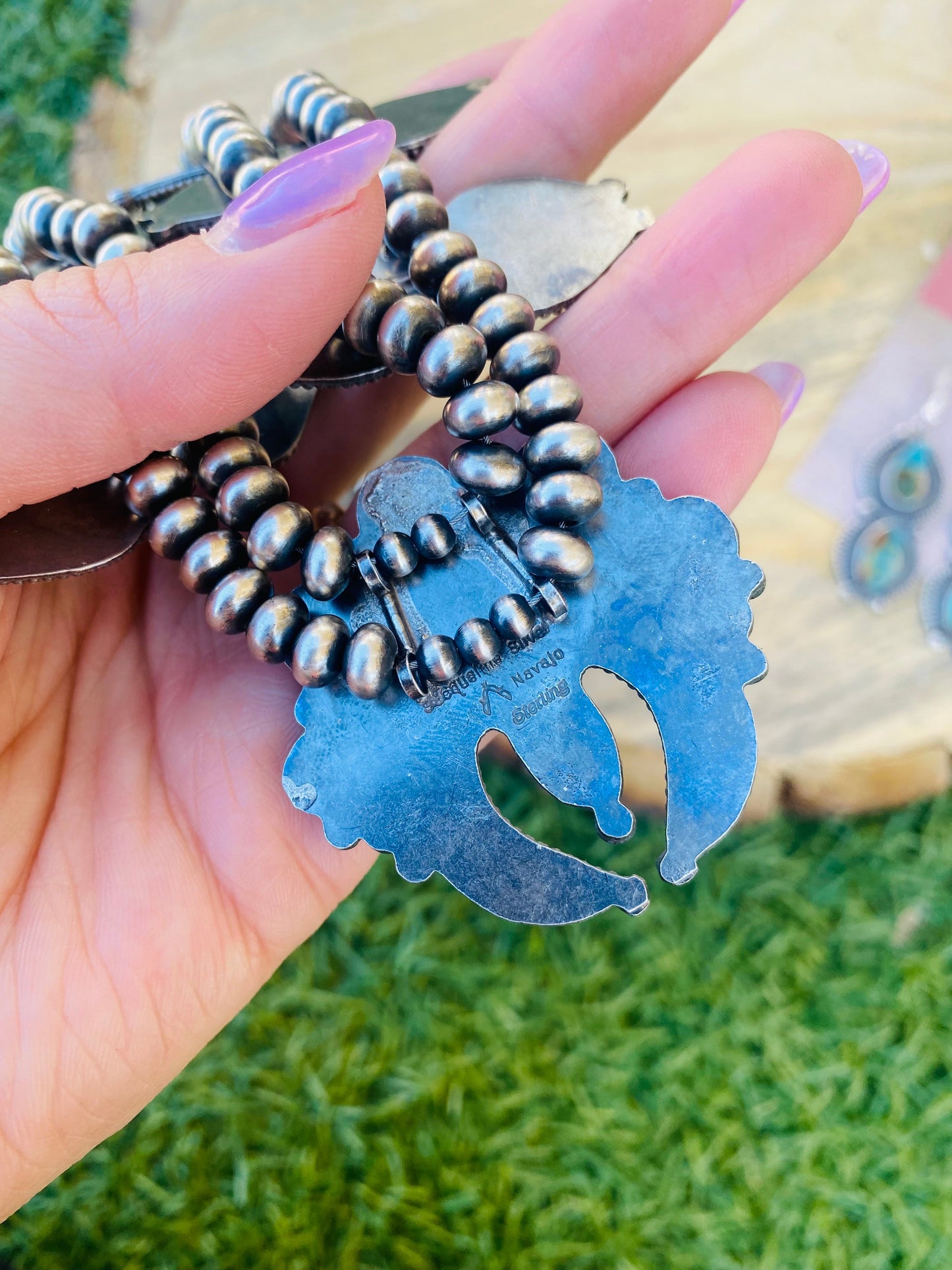 Handcrafted Sterling Silver & Royston Turquoise Beaded Squash Style Necklace Set by Jaqueline Silver
