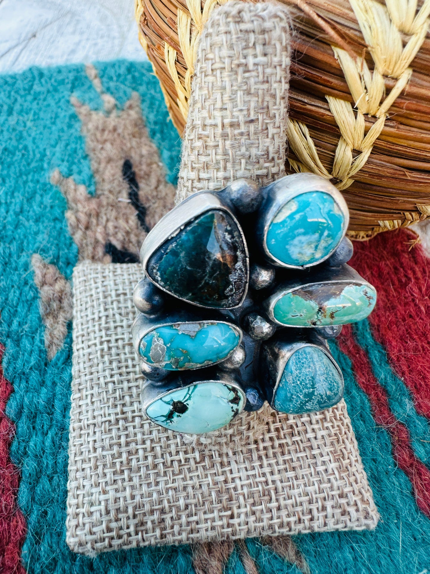 Hand Crafted Multi Turquoise & Sterling Silver Cluster Adjustable Ring by Sheila Becenti