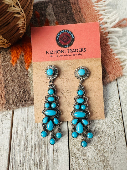 Handcrafted Sterling Silver & Sleeping Beauty Turquoise Cluster Dangle Earrings