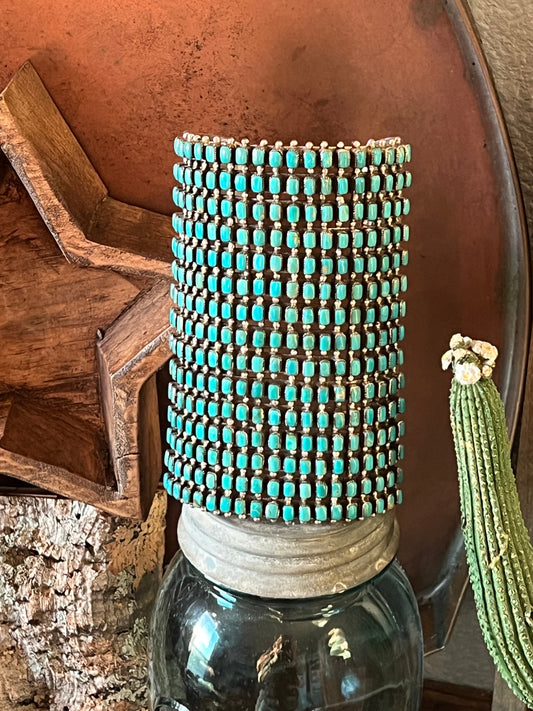 Handcrafted Epic Made 15 Row Sterling Silver and Turquoise Gauntlet Style Cuff Bracelet /