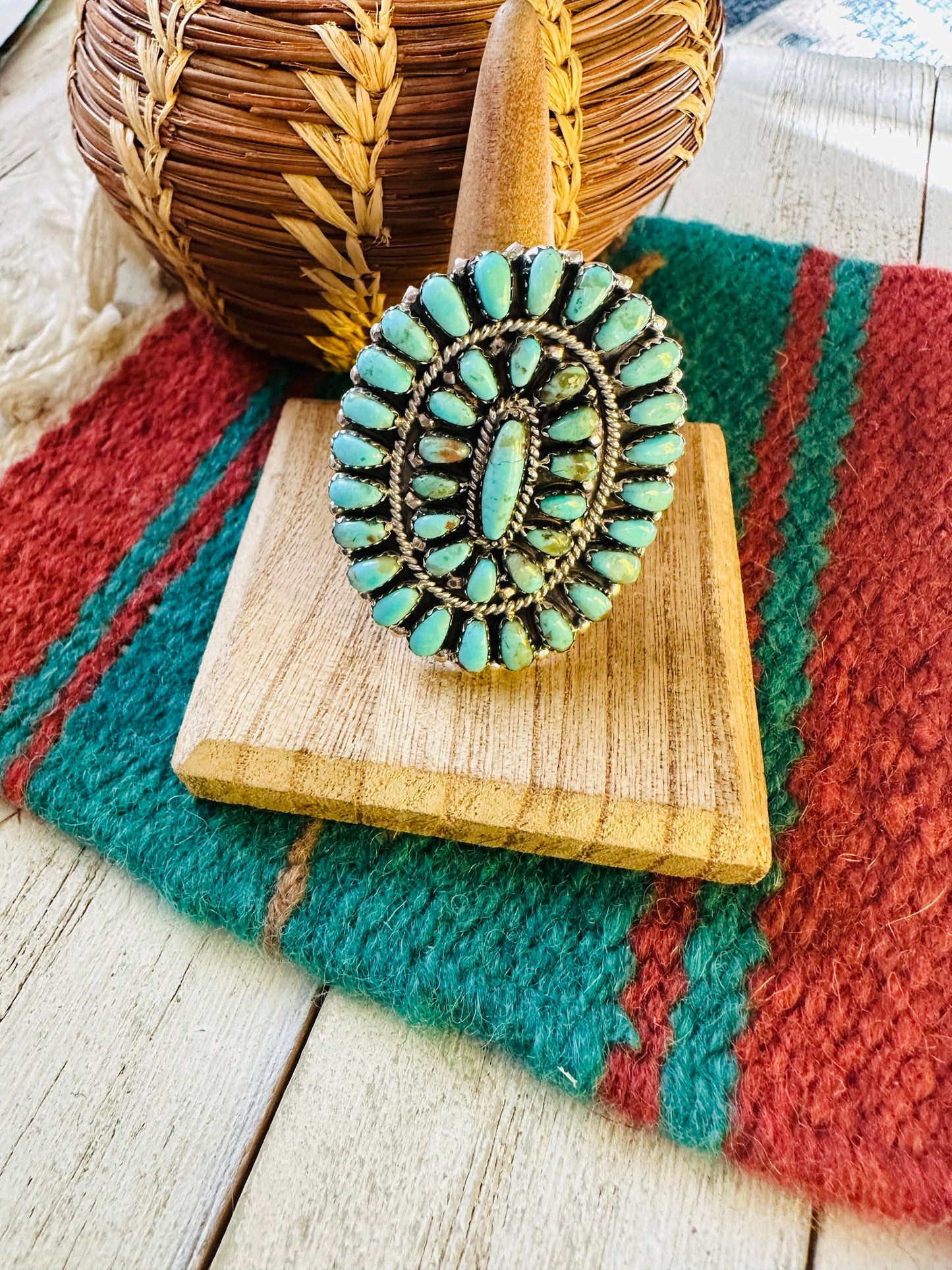 Navajo Turquoise & Sterling Silver Adjustable Cluster Ring