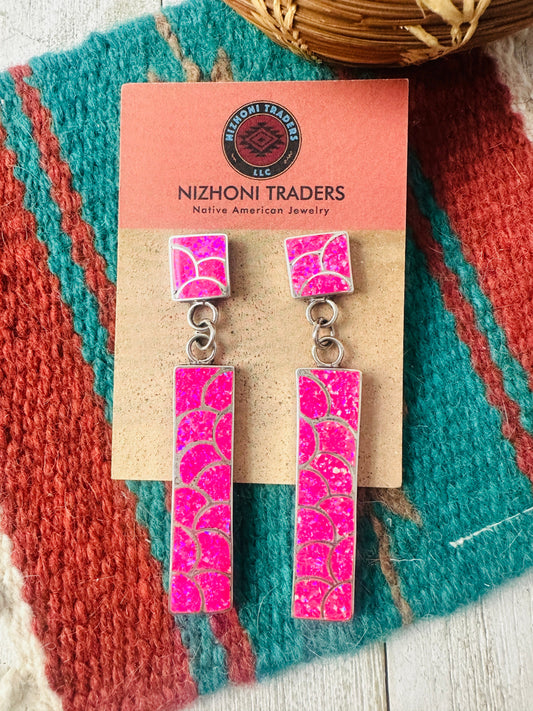 Handcrafted Sterling Silver & Pink Fire Opal Inlay Dangle Earrings
