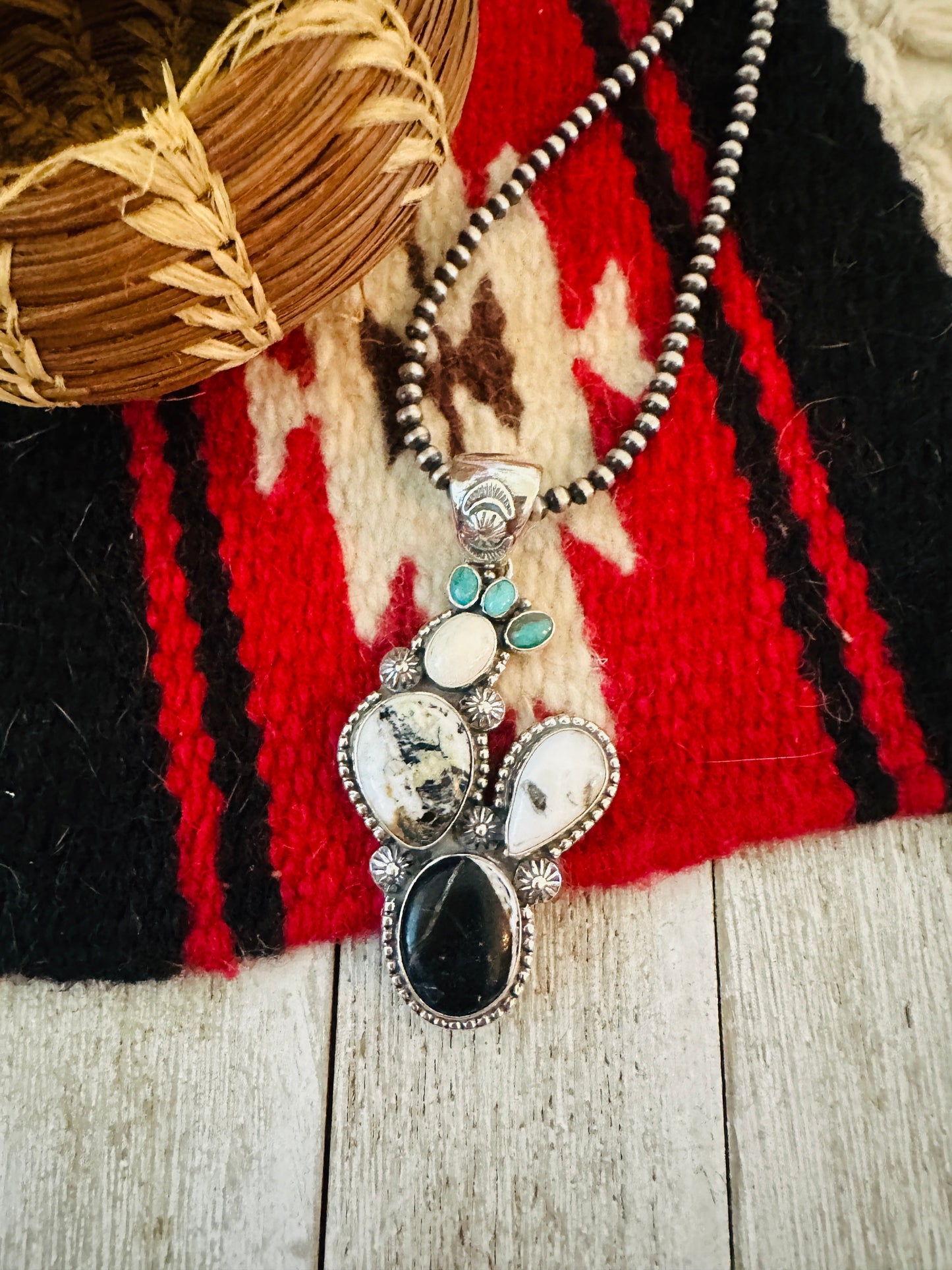 Handcrafted Sterling Silver, White Buffalo & Turquoise Cactus Pendant