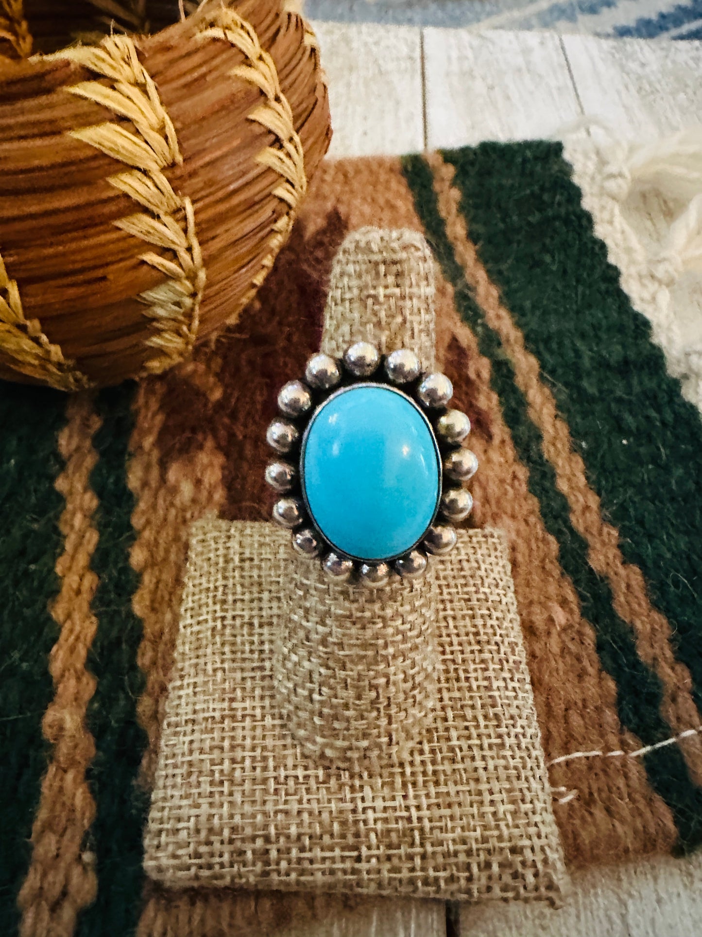 Old Pawn Handcrafted Turquoise & Sterling Silver Ring Size 6.75