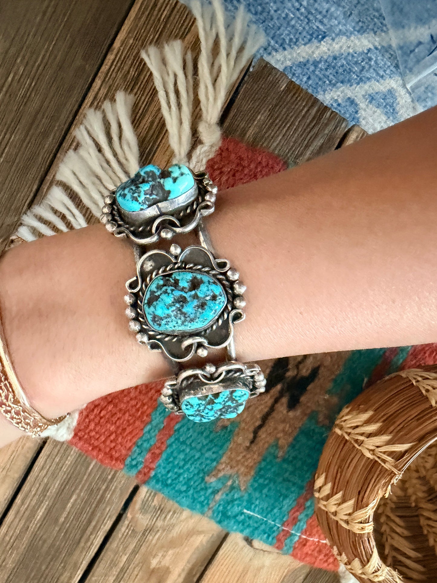 Handcrafted Old Pawn Sterling Silver & Kingman Turquoise Cuff Bracelet