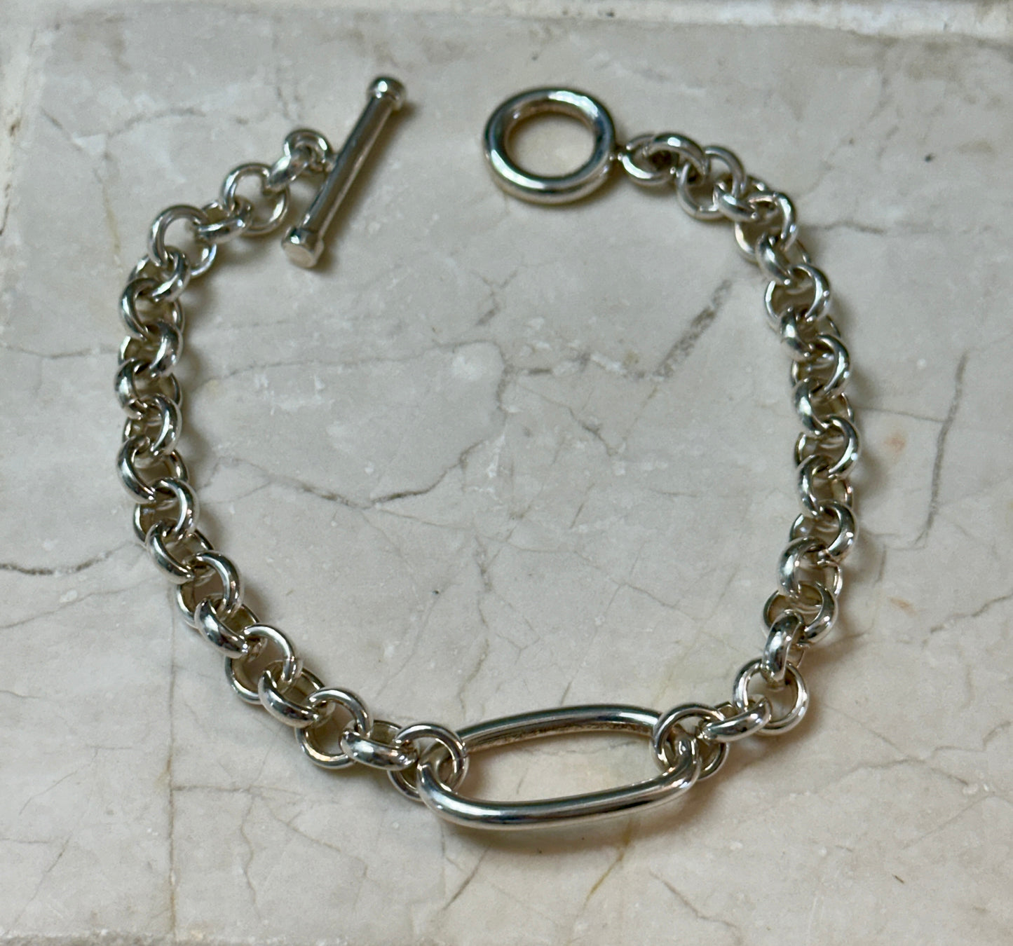 Belcher Chain Sterling Silver Bracelet w/ Oval Center