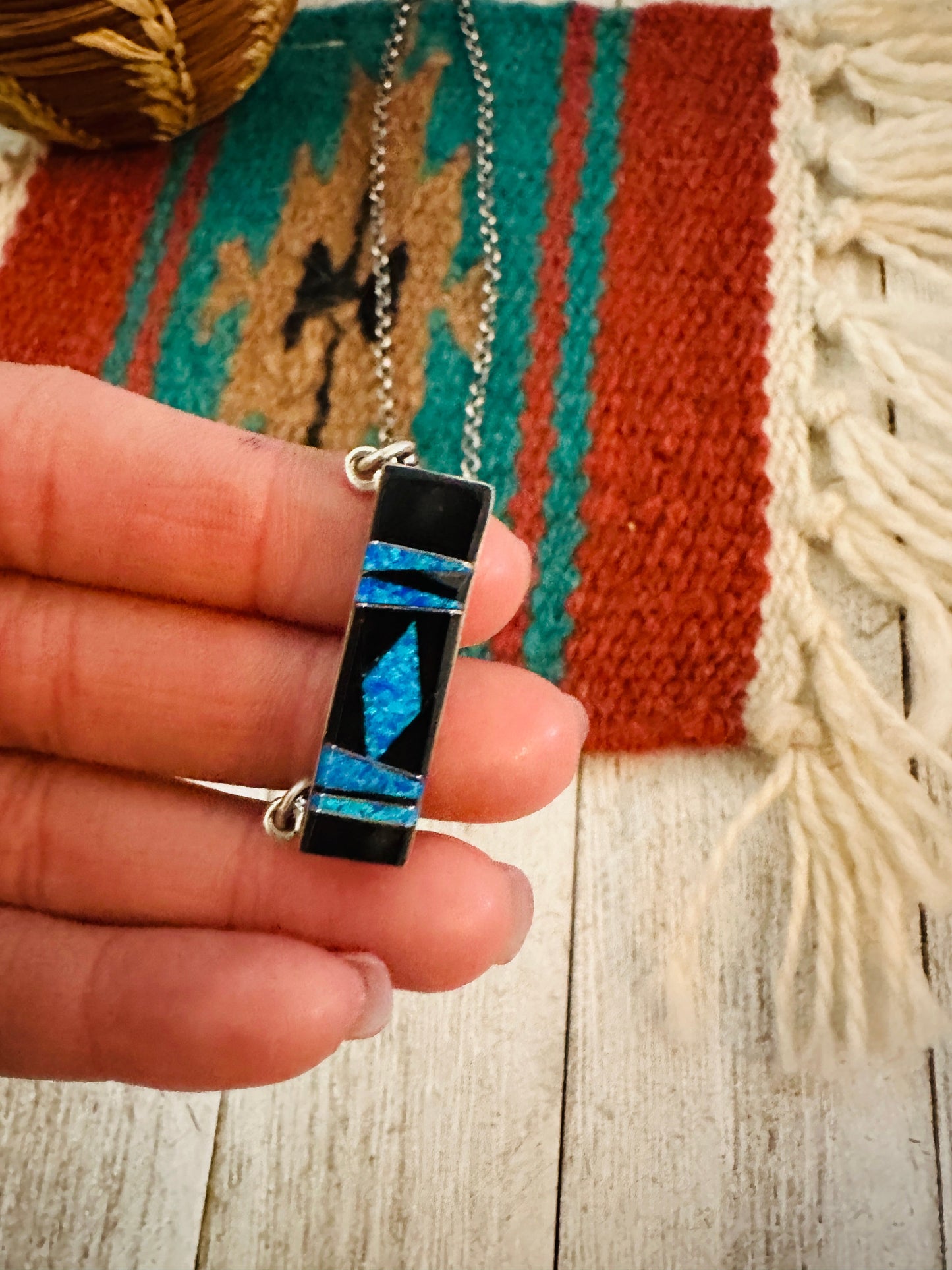 Handcrafted Opal, Onyx & Sterling Silver Inlay Bar Necklace