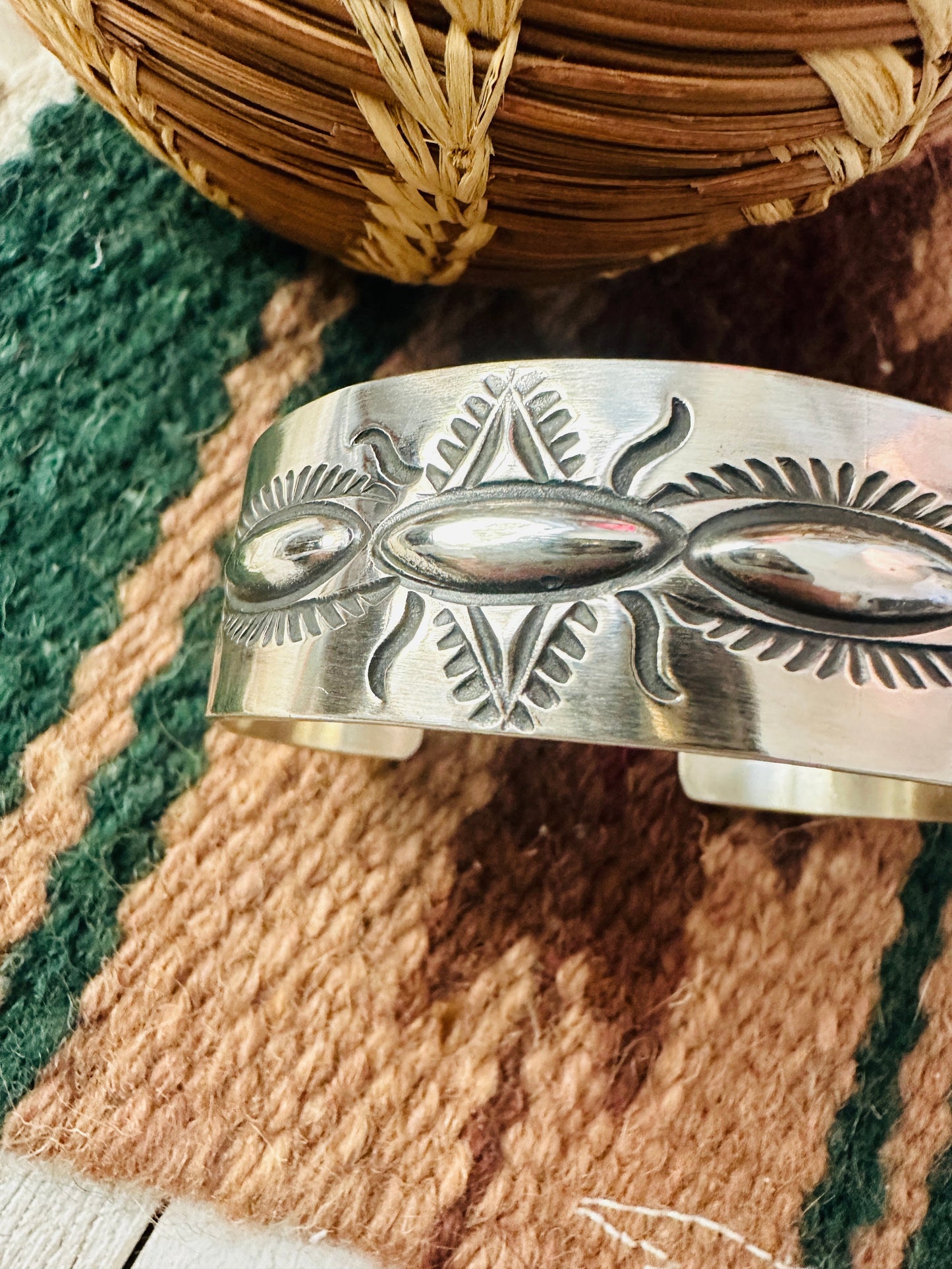 Handcrafted Stamped Sterling Silver Cuff Bracelet By Elvira Bill