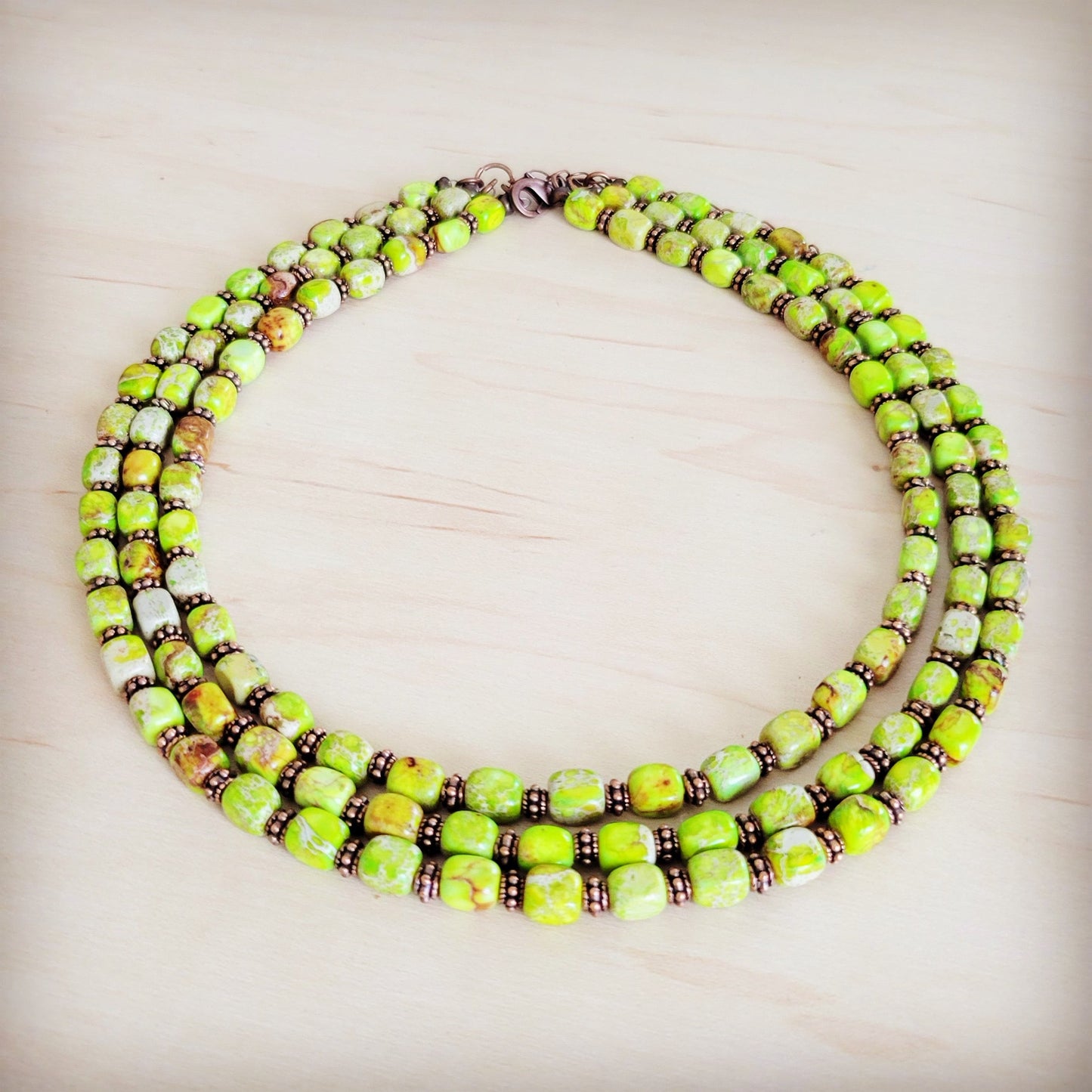 Triple Strand Layered Boho Lime Green Regalite Collar Necklace 264i