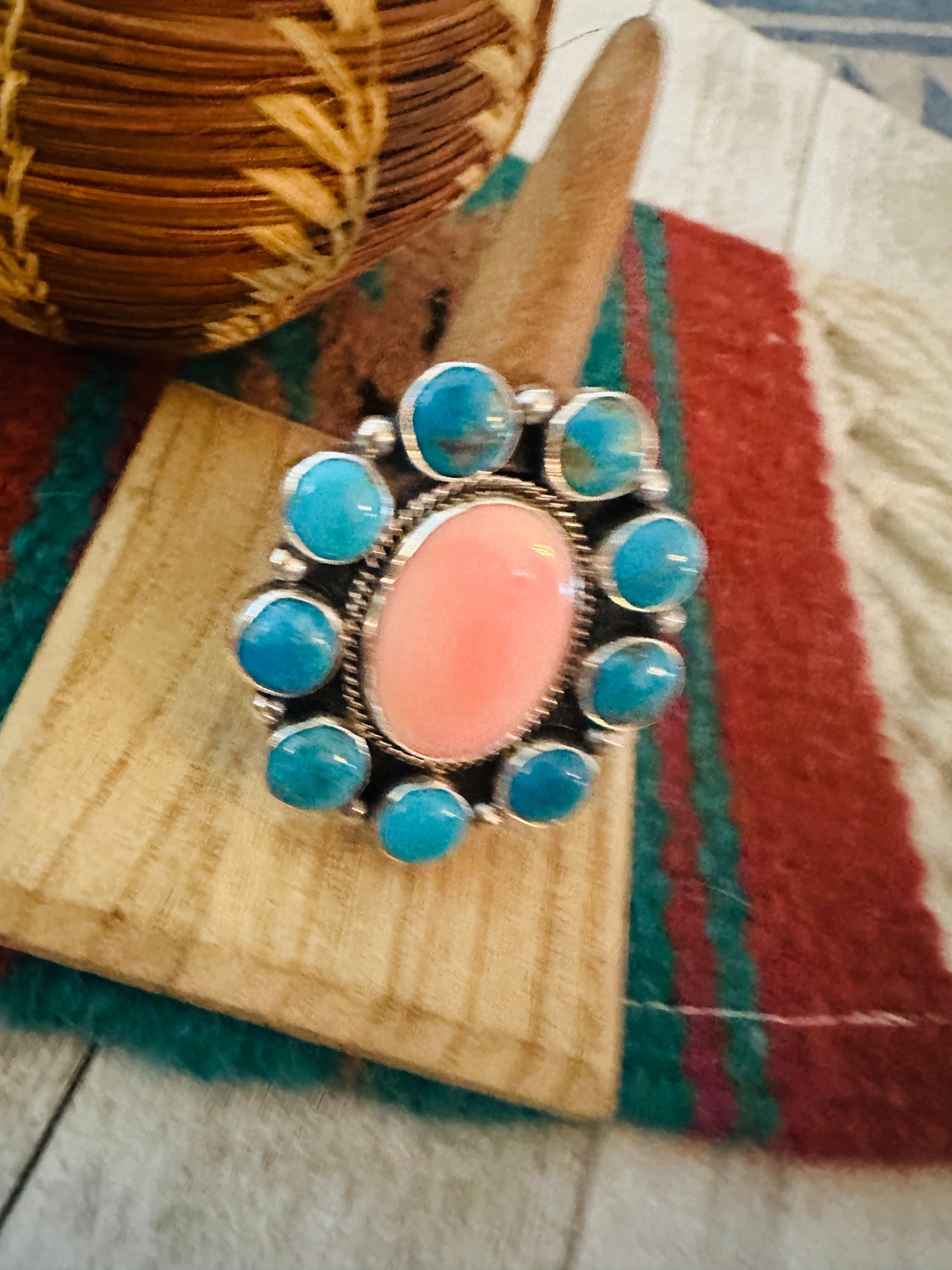 Handcrafted Sterling Silver, Queen Pink Conch & Turquoise Cluster Adjustable Ring