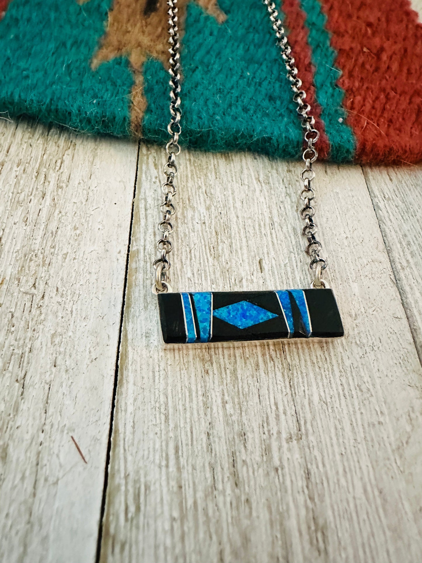 Handcrafted Opal, Onyx & Sterling Silver Inlay Bar Necklace