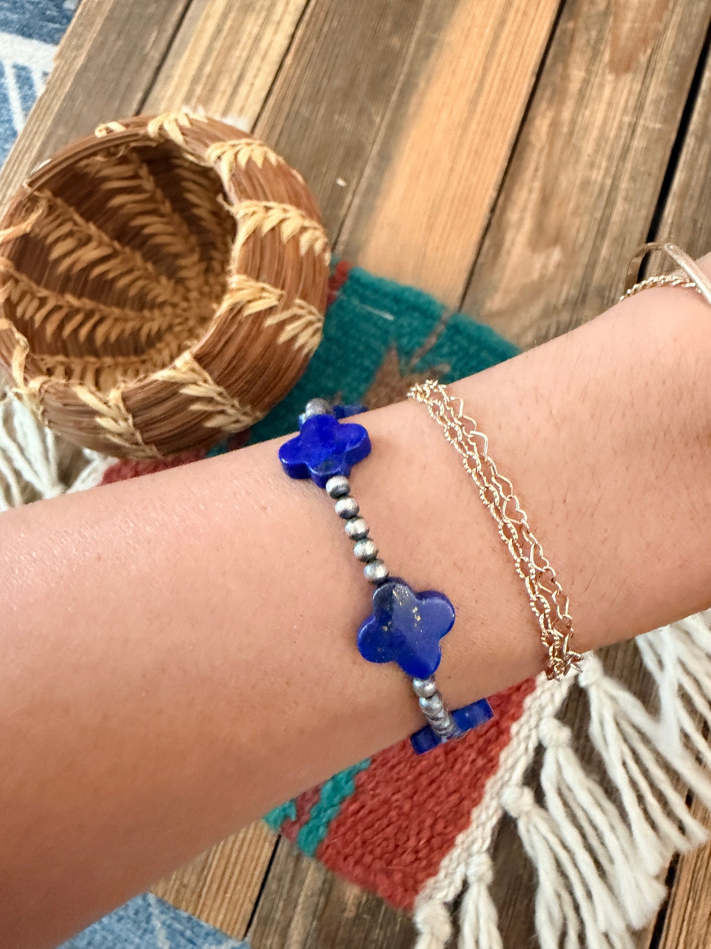 Handcrafted Lapis & Sterling Silver Pearl Cross Beaded Stretch Bracelet