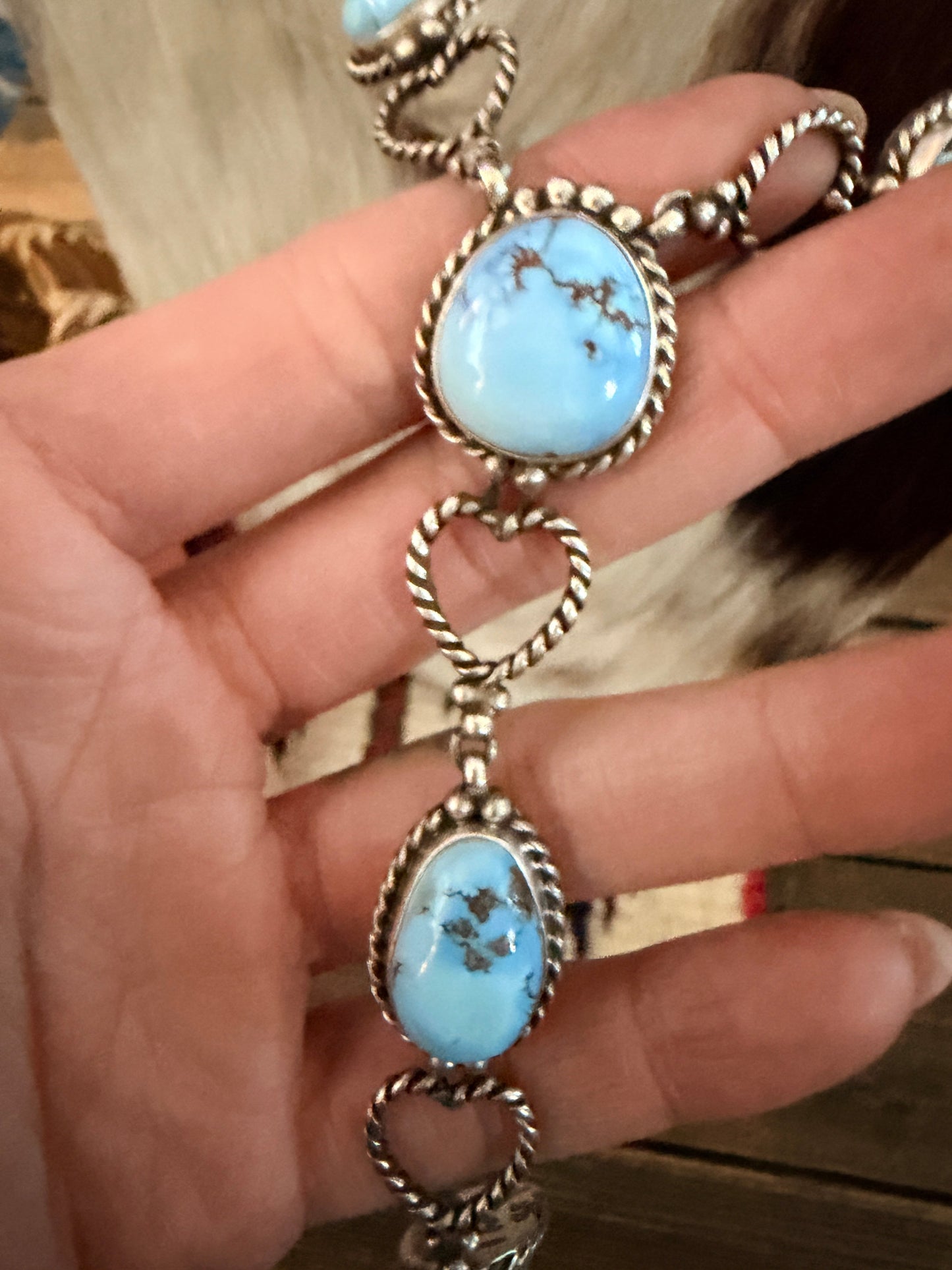 Handcrafted Golden Hills Turquoise & Sterling Silver Heart Necklace and Earring Set by Larry Kaye