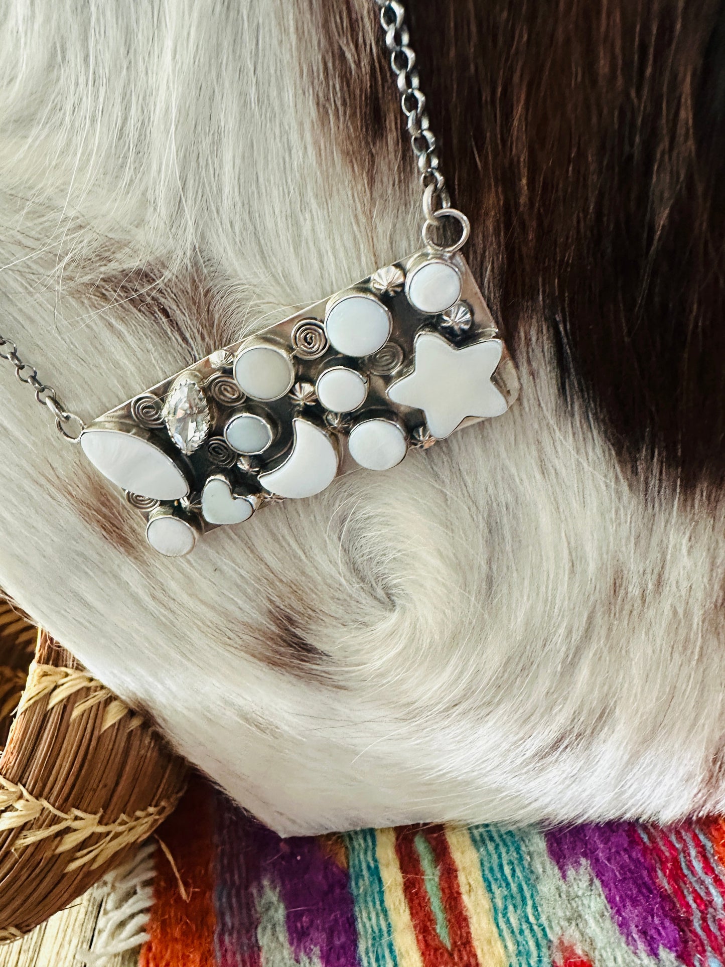 Handcrafted Mother of Pearl, CZ & Sterling Silver Bar Necklace by Jacqueline Silver