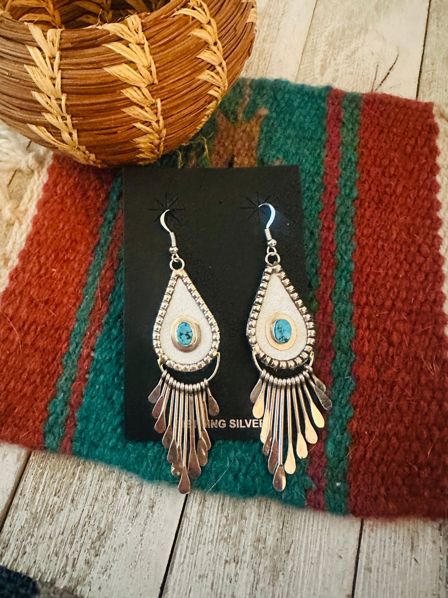 Handcrafted Turquoise & Sterling Silver Leather Chandelier Dangle Earrings