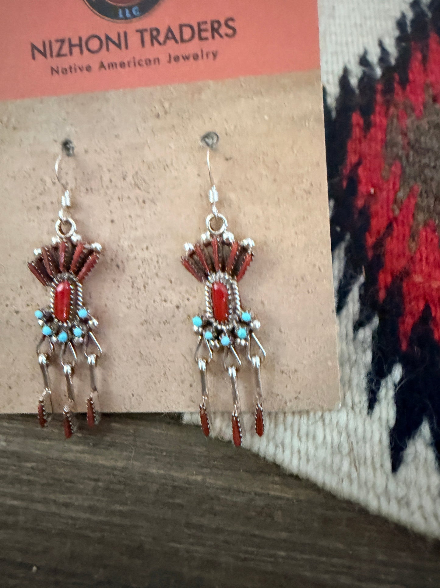 Handcrafted Coral, Turquoise & Sterling Silver Needlepoint Dangle Earrings