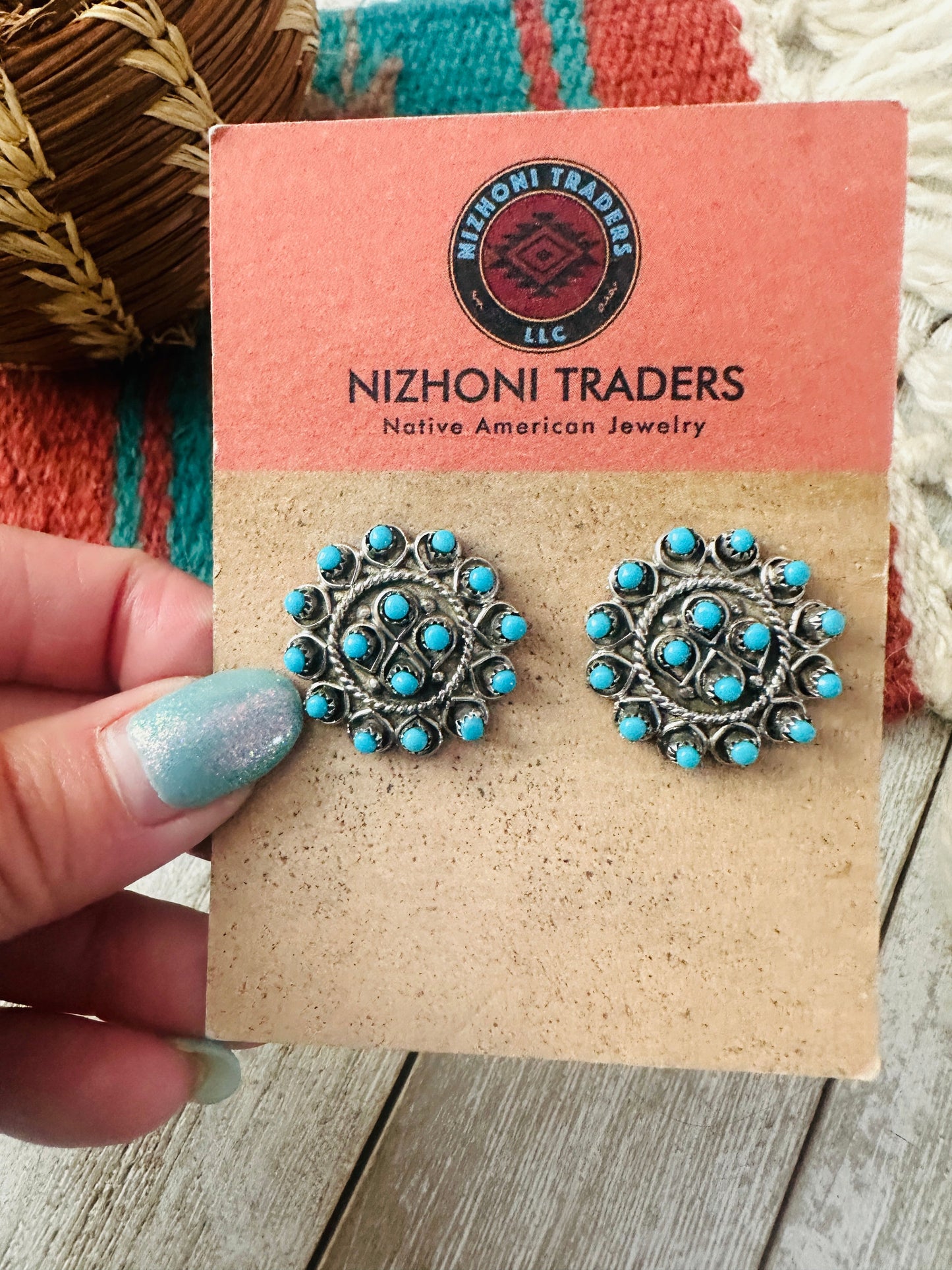 Handcrafted Turquoise & Sterling Silver Petit Point Post Earrings