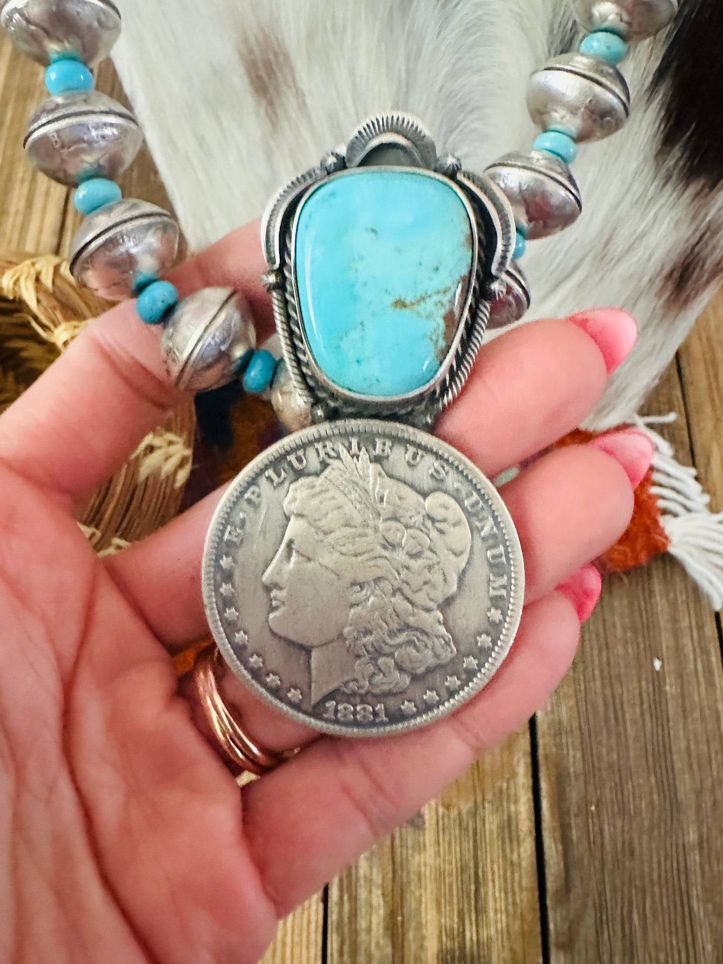 Handcrafted Turquoise & Sterling Silver Liberty Coin Beaded Necklace by James McCabe