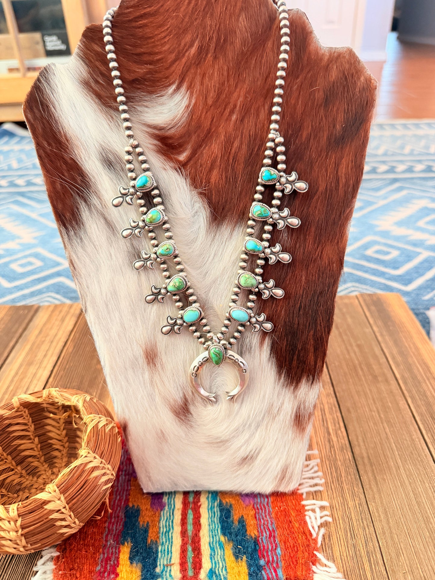 Handcrafted Sonoran Mountain Turquoise & Sterling Silver Beaded Squash Blossom Necklace by Adrienne Gordon
