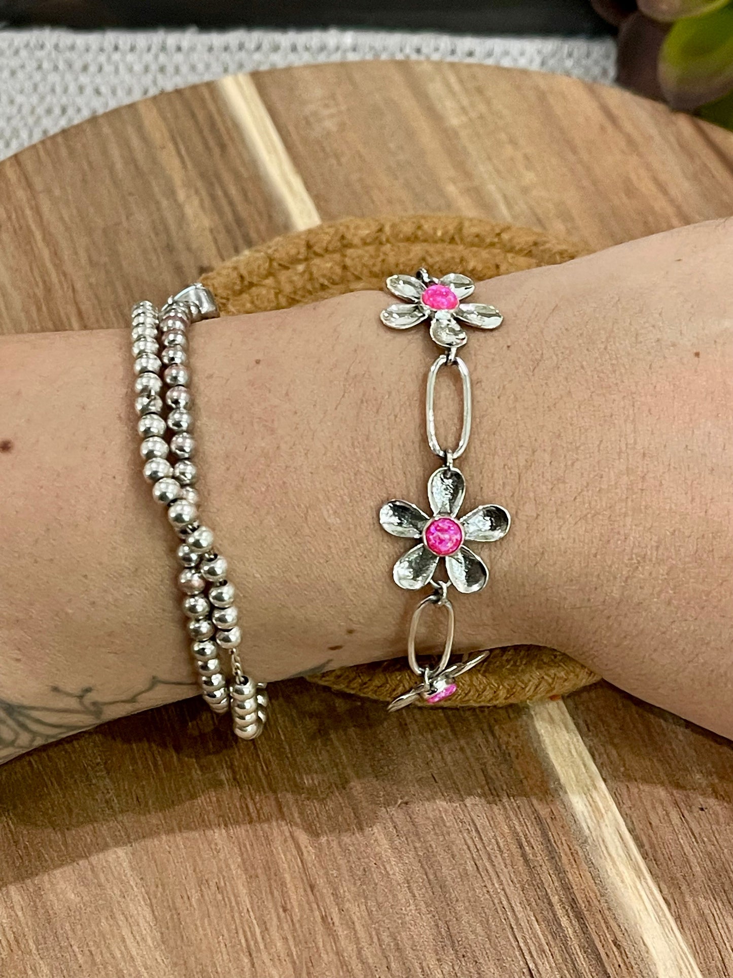 Handmade Sterling Silver & Pink Fire Opal Daisy Flower Bracelet