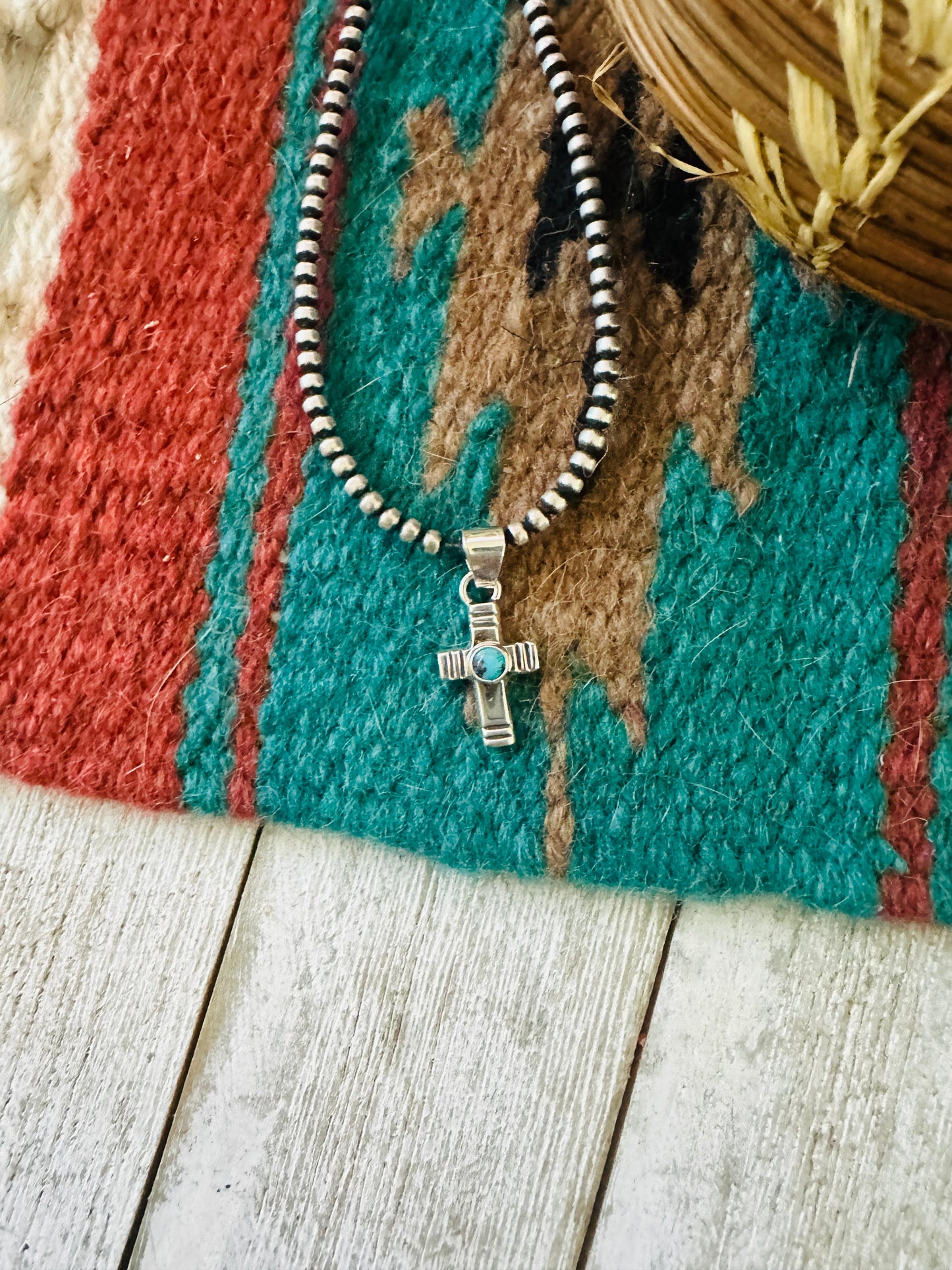 Handcrafted Turquoise & Sterling Silver Mini Cross Pendant