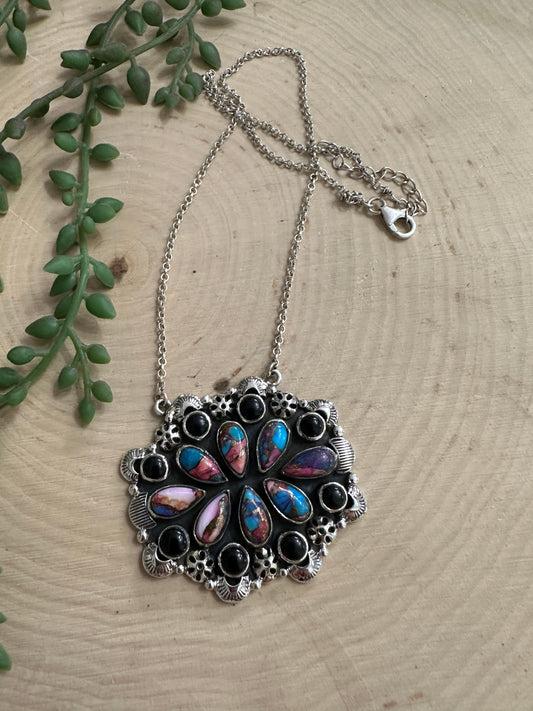 Beautiful Handmade Sterling Silver, Pink Dream Mojave & Onyx Cluster Necklace