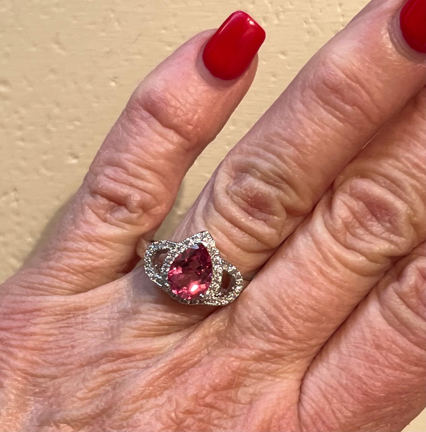 Pink Topaz & CZ Tear Drop Shape Sterling Silver Ring
