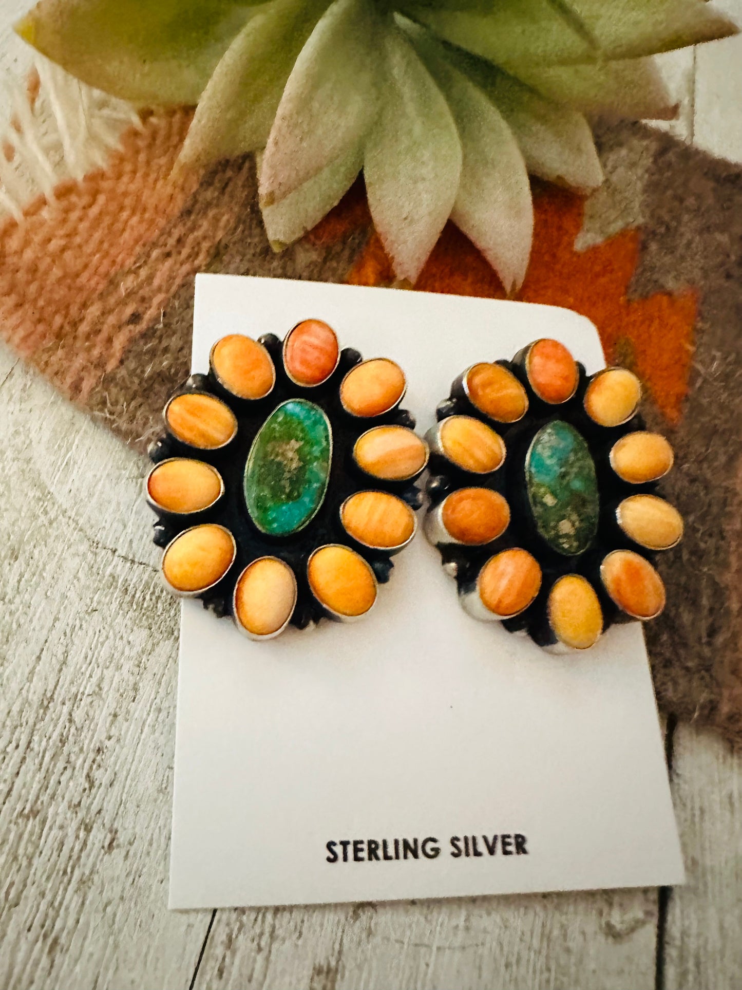 Navajo Sterling Silver, Orange Spiny & Turquoise Cluster Earrings