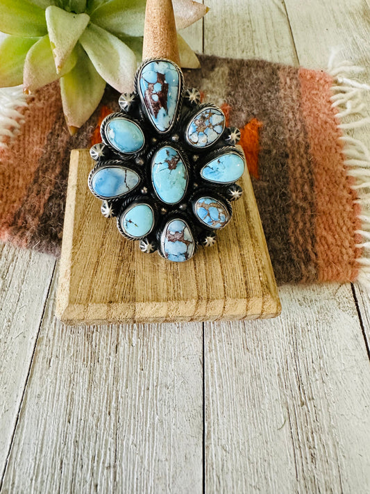 Handcrafted Golden Hills Turquoise & Sterling Silver Cluster Ring Size 8.5
