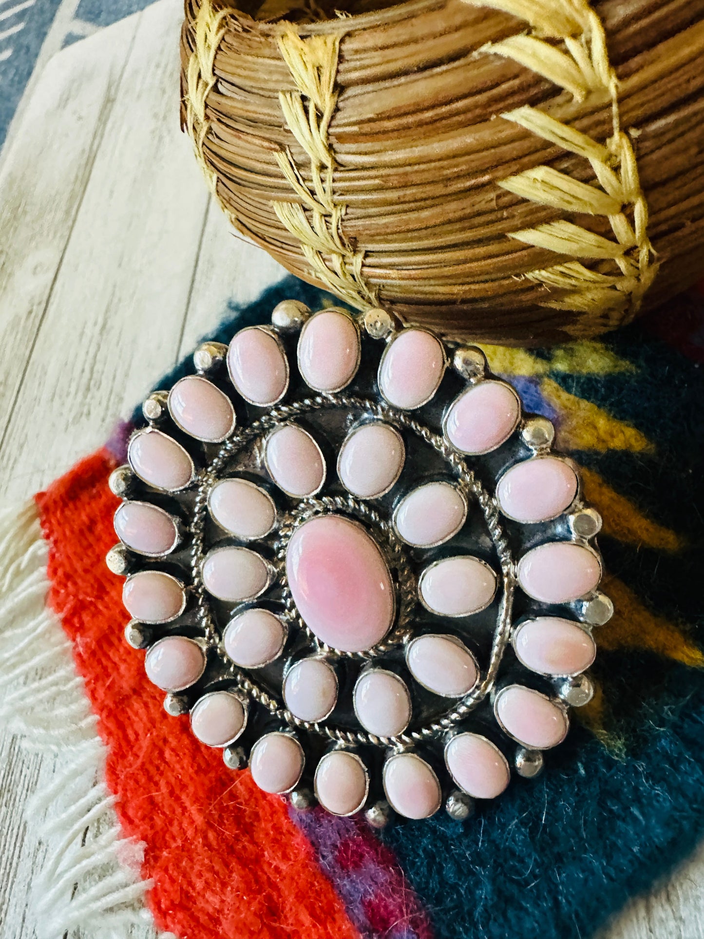 Navajo Sterling Silver & Queen Pink Conch Cluster Adjustable Ring
