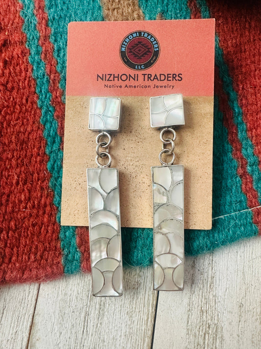 Handcrafted Sterling Silver & Mother of Pearl Inlay Dangle Earrings
