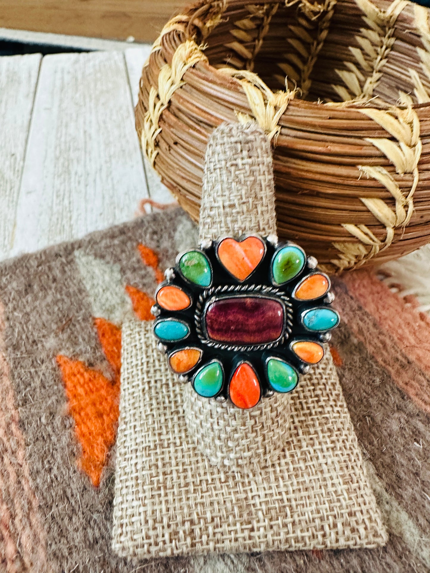 Handcrafted Electric Rainbow Sterling Silver, Turquoise & Spiny Ring by Bernyse Chavez and Angela Martin, Size 9