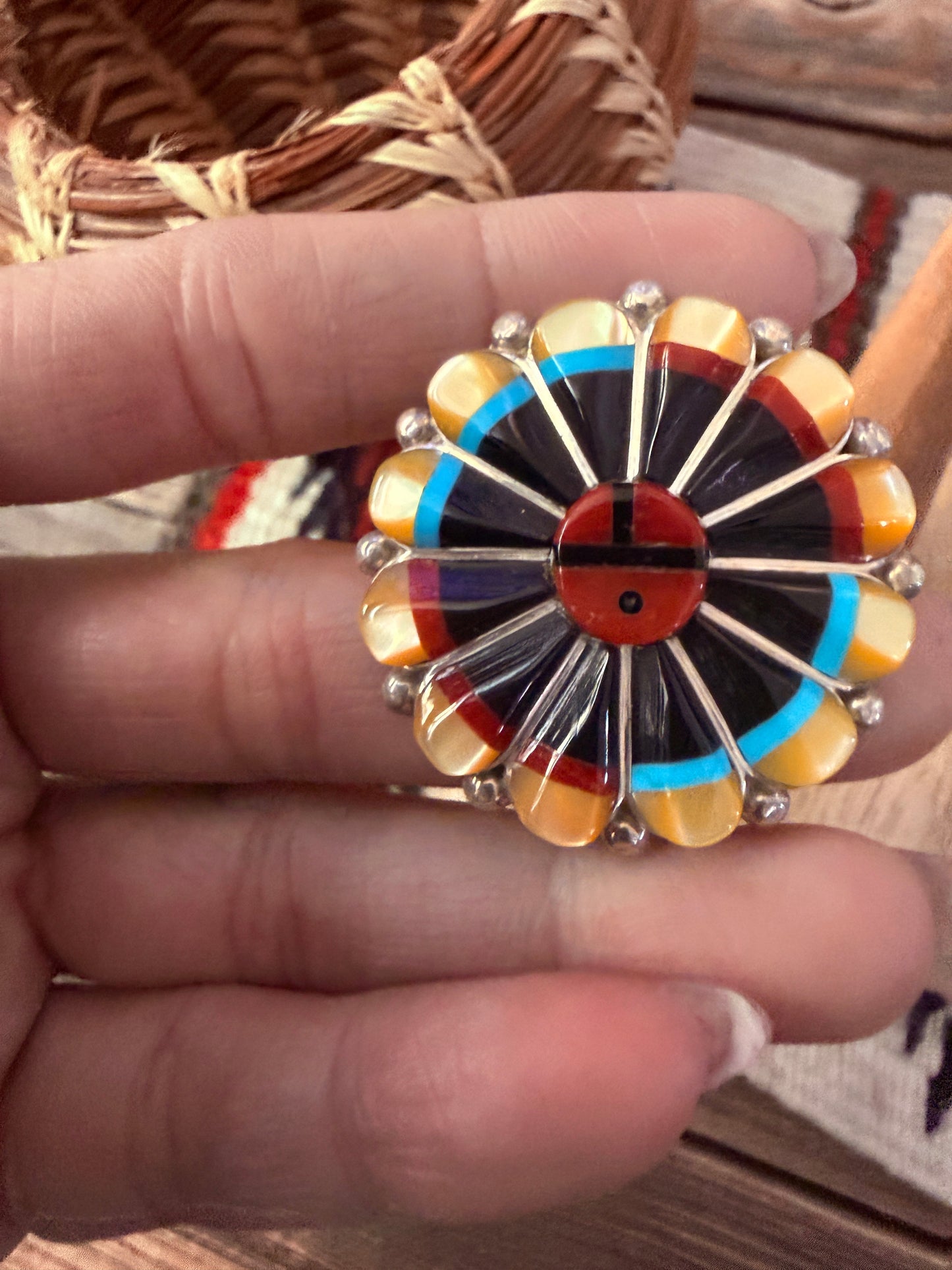 Handcrafted Multi Stone & Sterling Silver Inlay Sun Face Ring Size 8.25