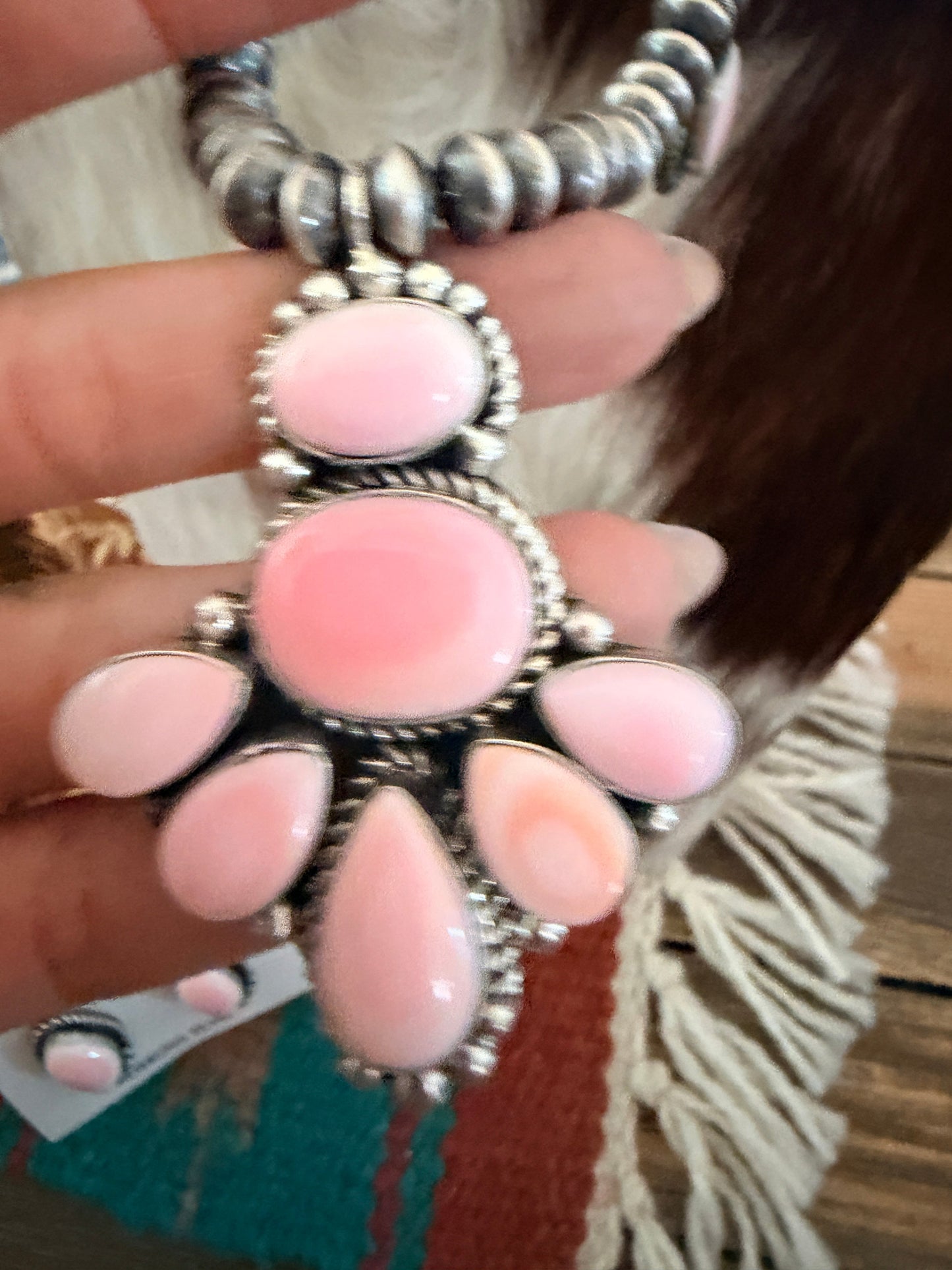 Handcrafted Queen Pink Conch & Sterling Silver Cluster Necklace and Earring Set