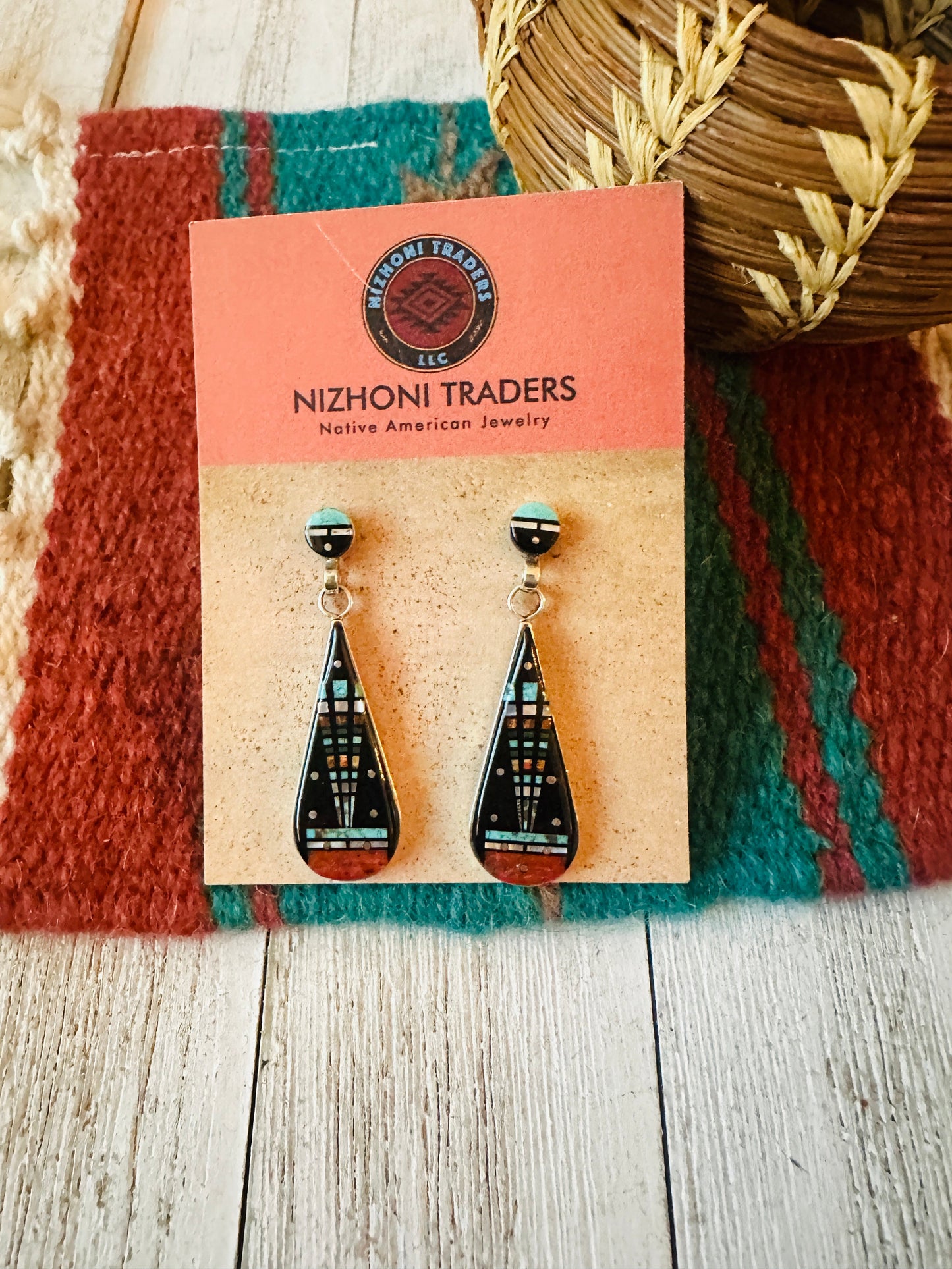 Handcrafted Sterling Silver & Multi Stone Inlay Dangle Earrings