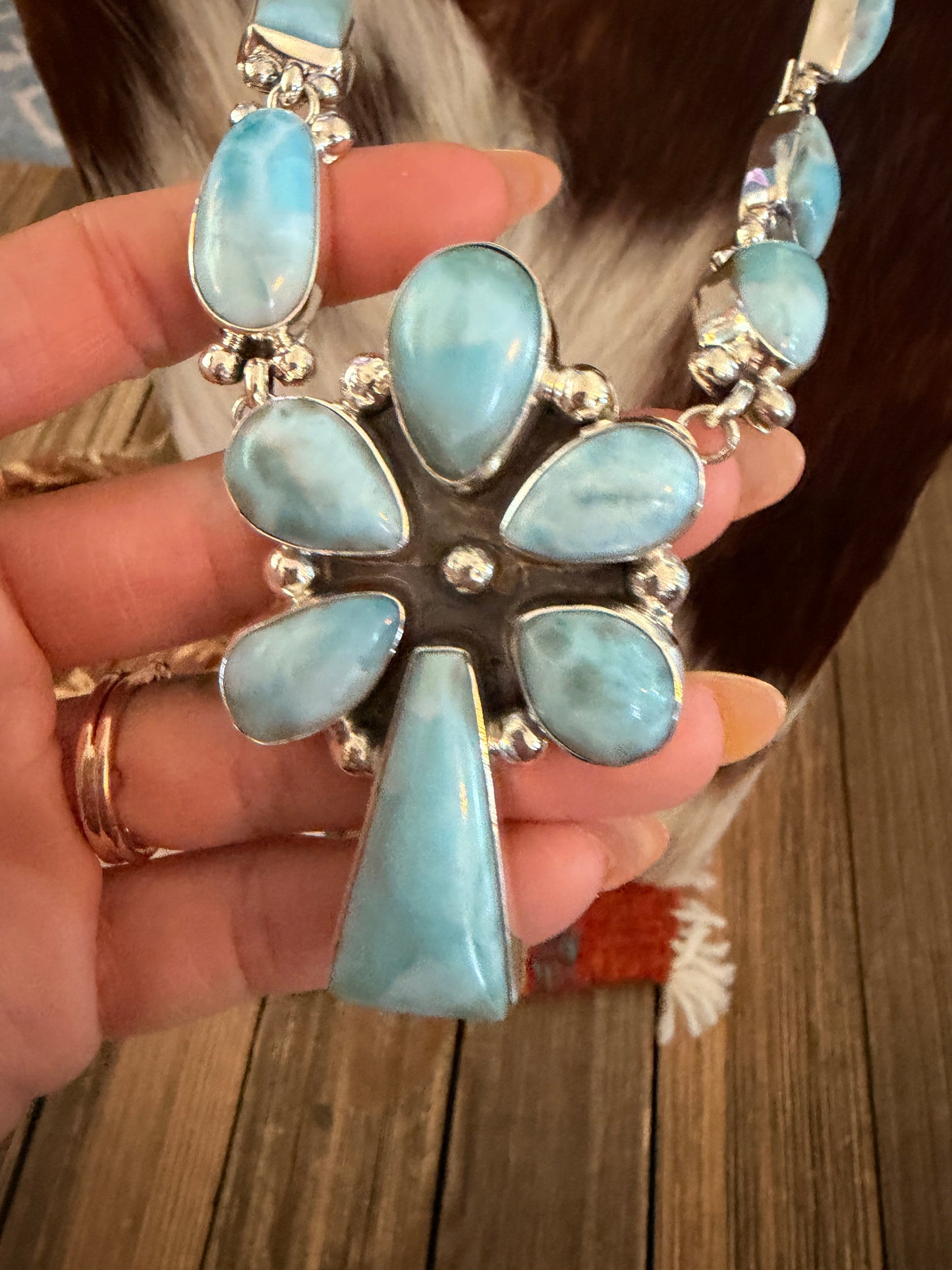 Handcrafted Larimar & Sterling Silver Necklace and Earring Set by Myra Benally