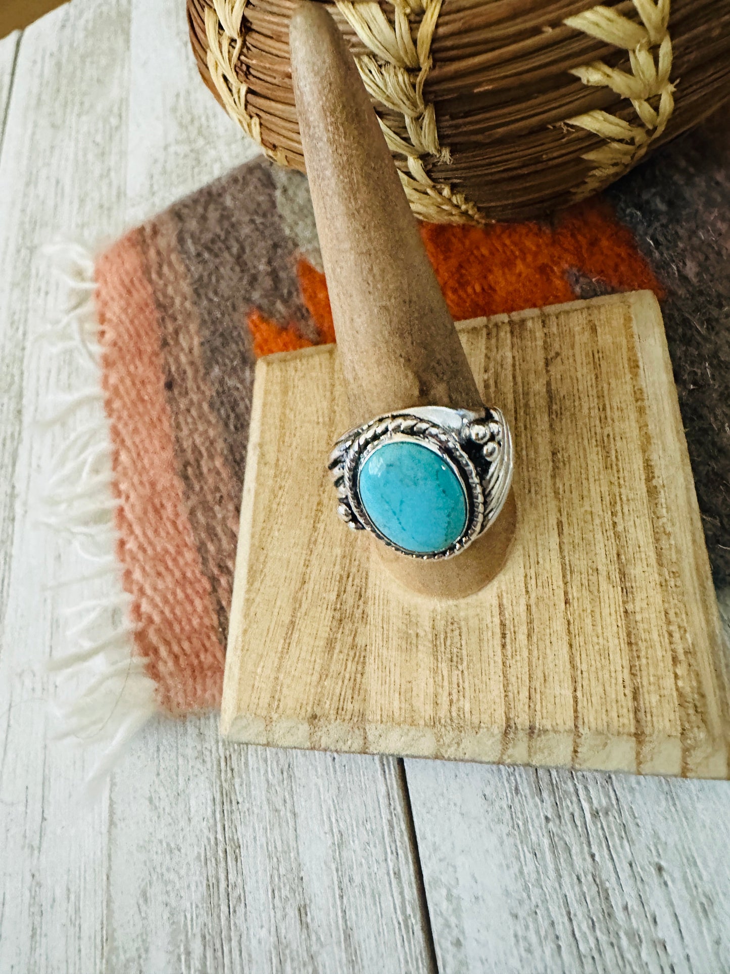 Navajo Kingman Turquoise & Sterling Silver Ring Size 9.5