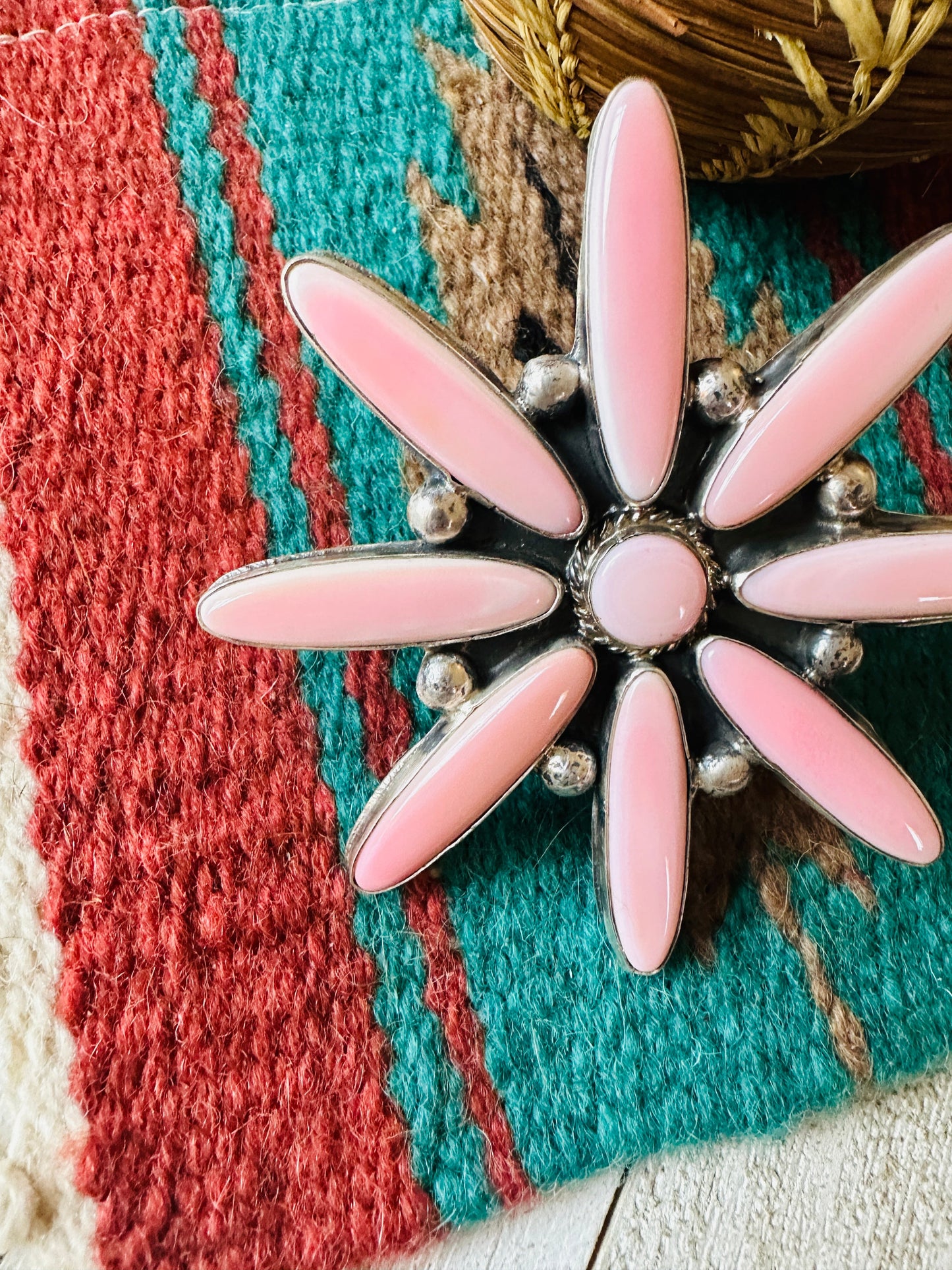 Handcrafted Sterling Silver & Queen Pink Conch Adjustable Flower Ring
