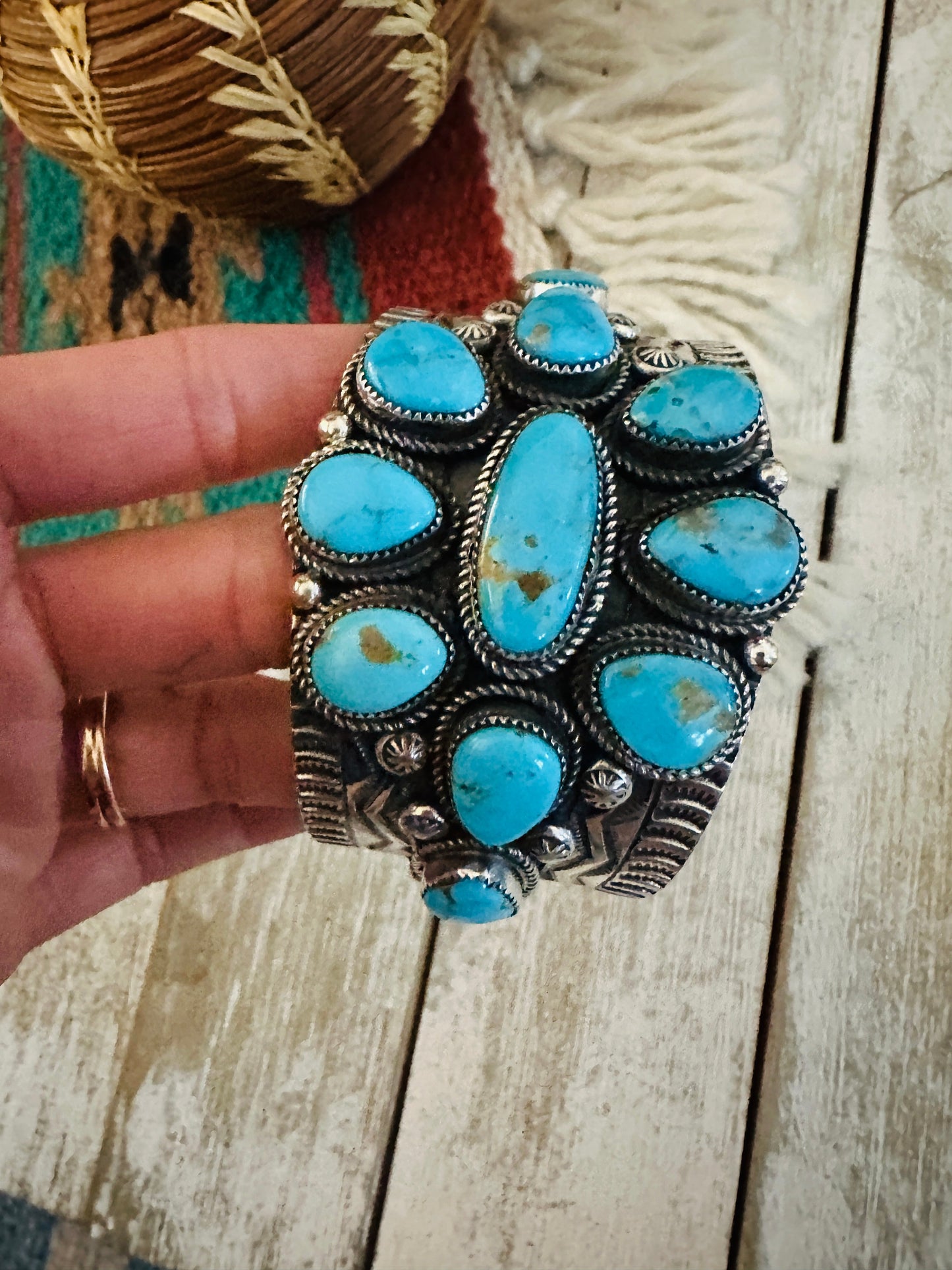 Kingman Turquoise & Sterling Silver Cluster Cuff Bracelet /
