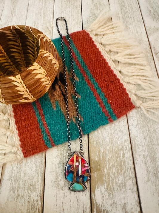 Handcrafted Sterling Silver & Multi Stone Inlay Spade Necklace