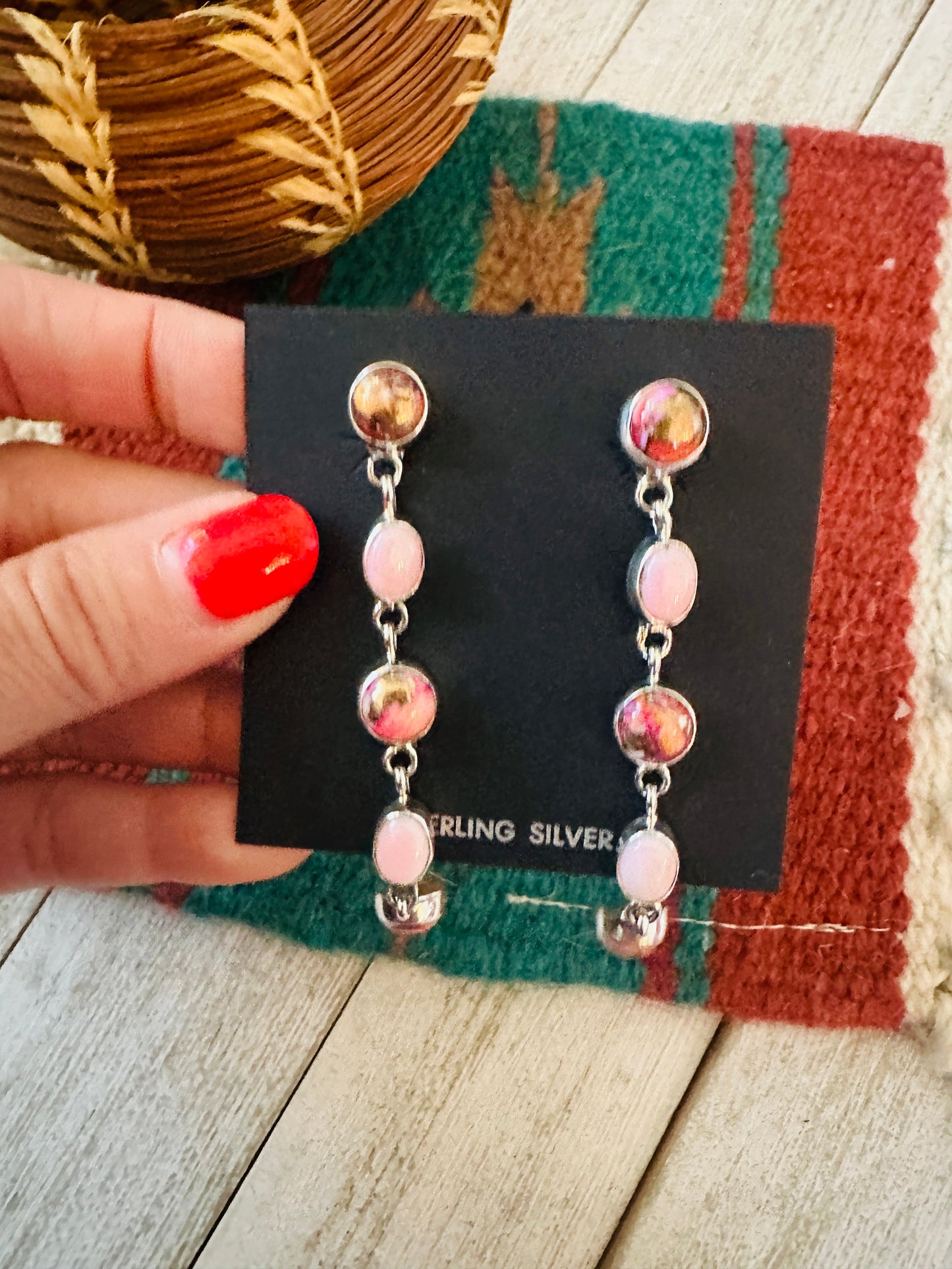 Handcrafted Sterling Silver, Queen Pink Conch & Pink Mojave Dangle Earrings