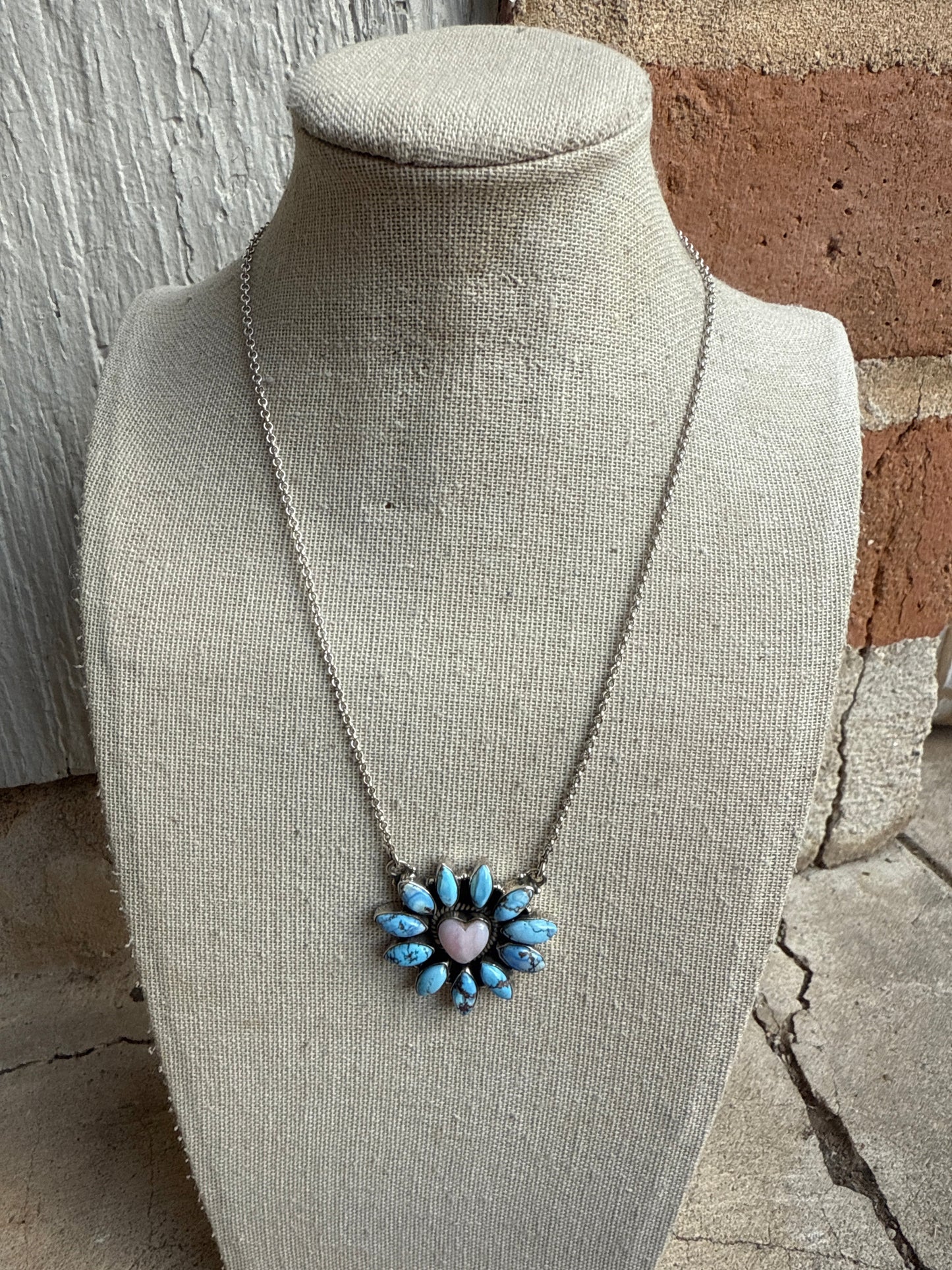 Handmade Sterling Silver, Golden Hills Turquoise & Pink Conch Heart Necklace